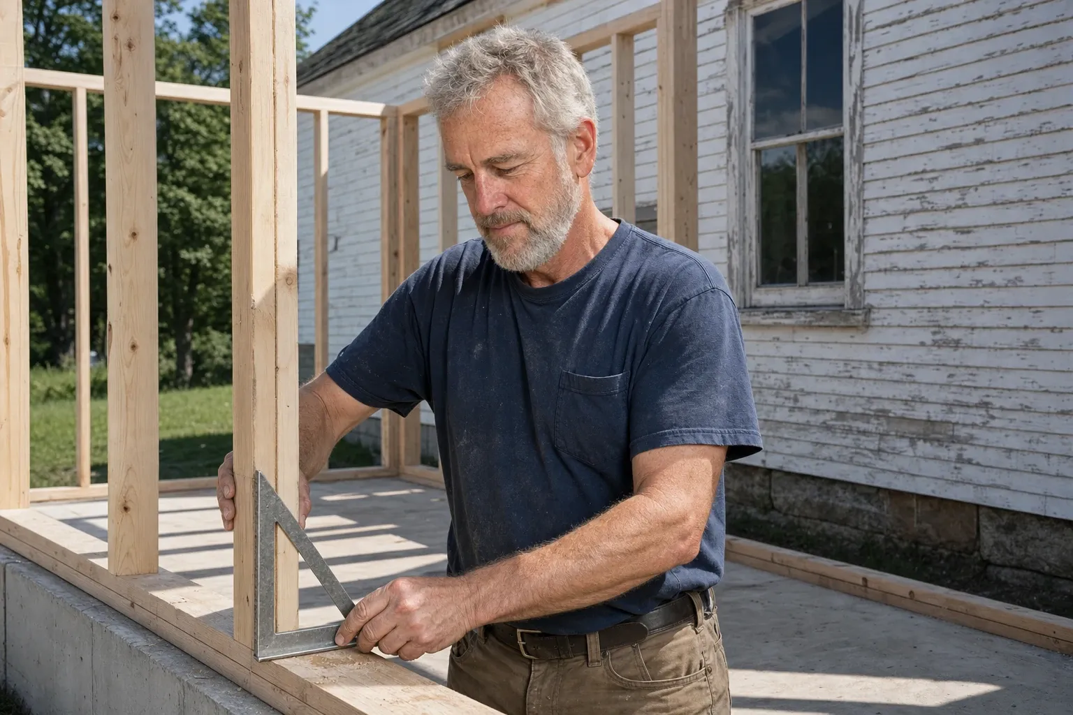 Wayne Cobb checking a stud corner with a steel framing square inside the new framing of an addition built onto a well-kept white farmhouse
