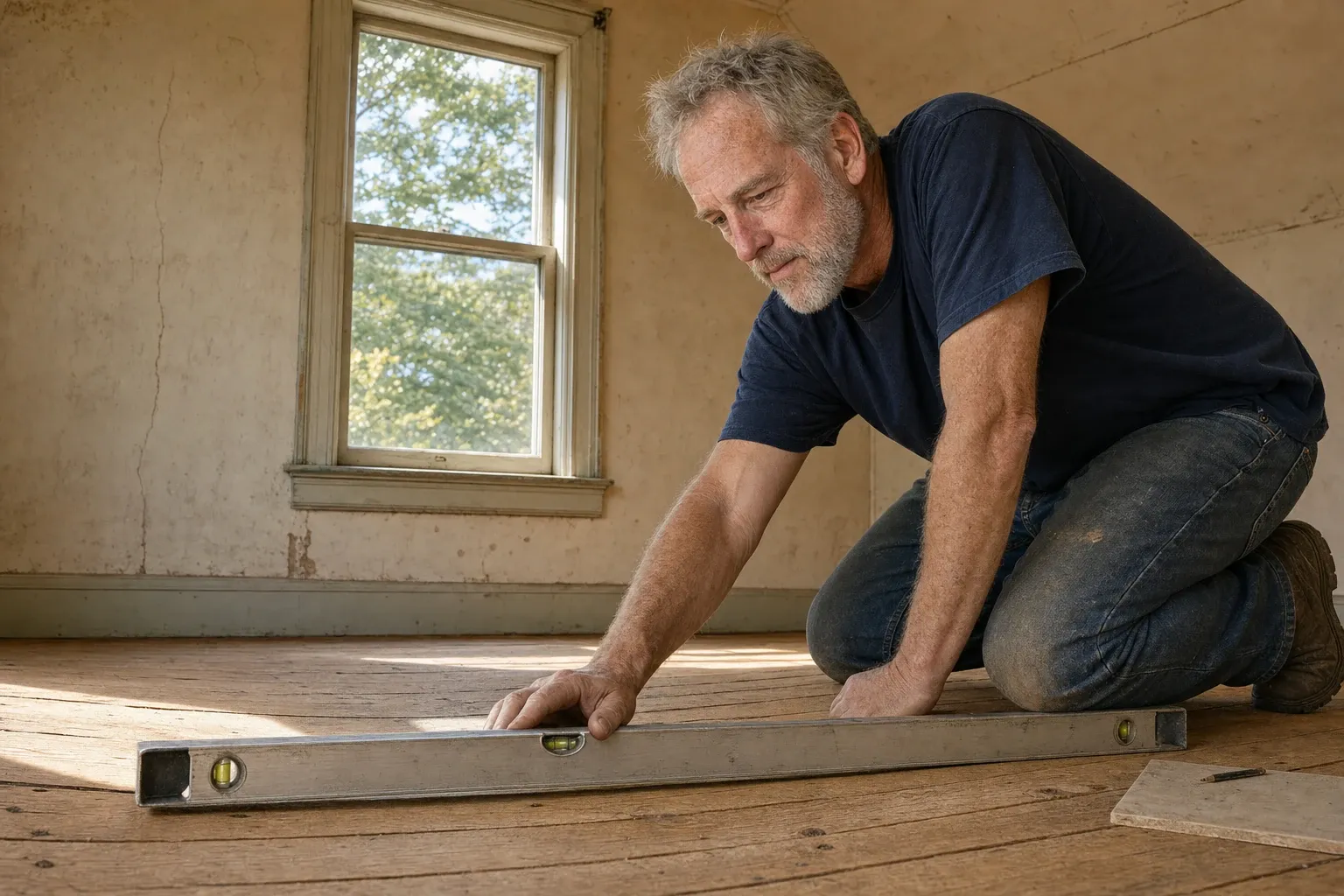 Wayne Cobb laying a long level across the dipping pine floor of an upstairs room in an old house