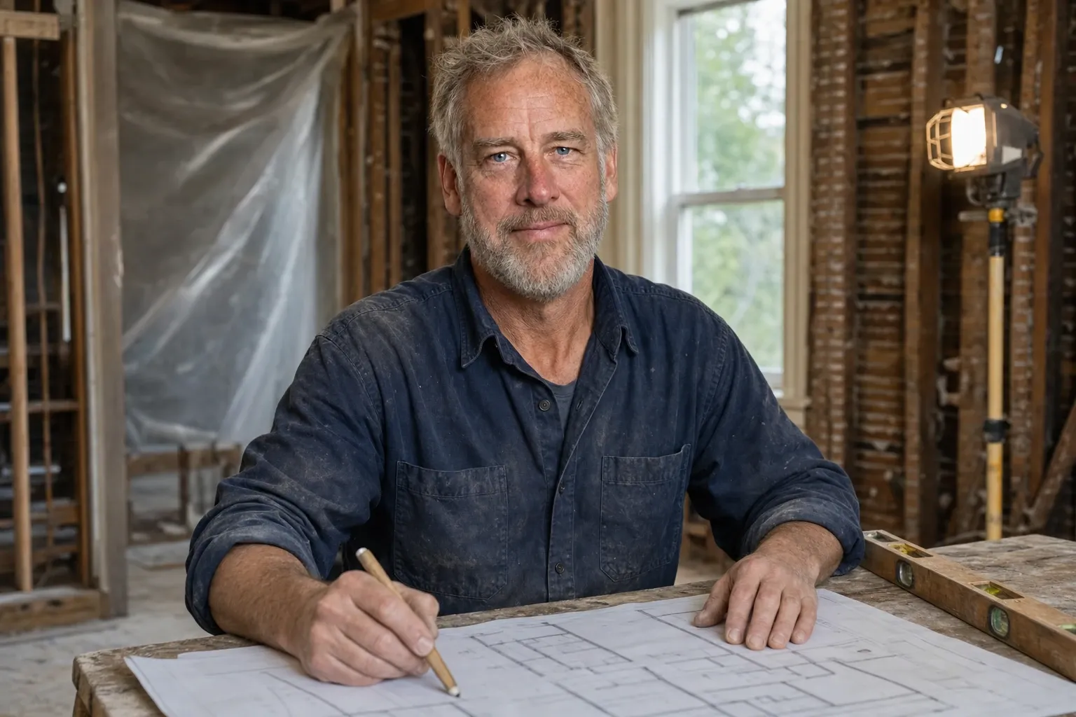 Wayne Cobb seated at a sawhorse table in a dining room mid-remodel, a floor-plan drawing spread in front of him and a carpenter's pencil in his hand