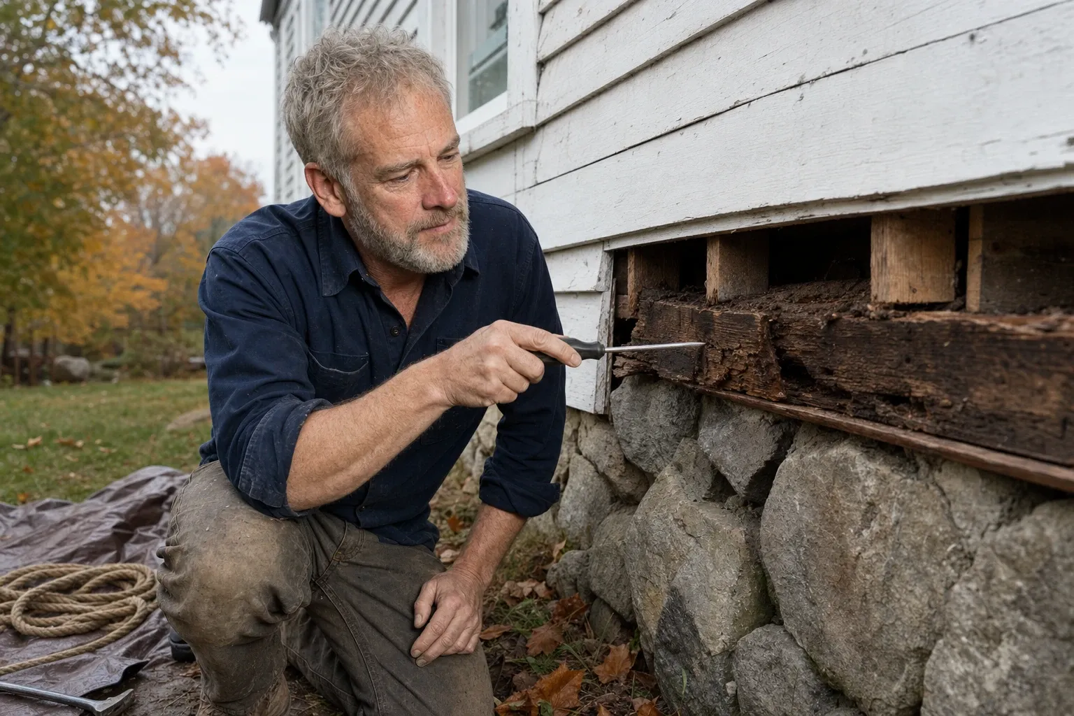 Wayne Cobb kneeling at the fieldstone foundation of an old clapboard house, pressing a screwdriver into a rotted sill where the bottom row of siding has been taken off