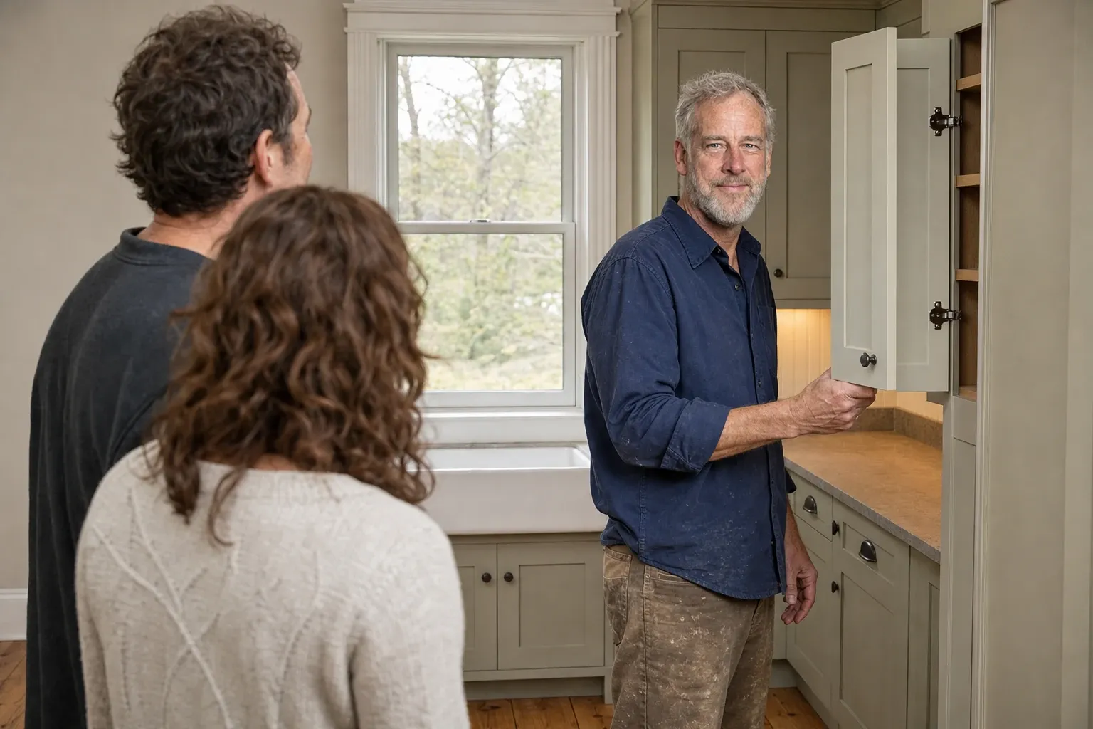 Wayne Cobb showing two homeowners, seen from behind, how a new cabinet door closes in a finished kitchen in an old house