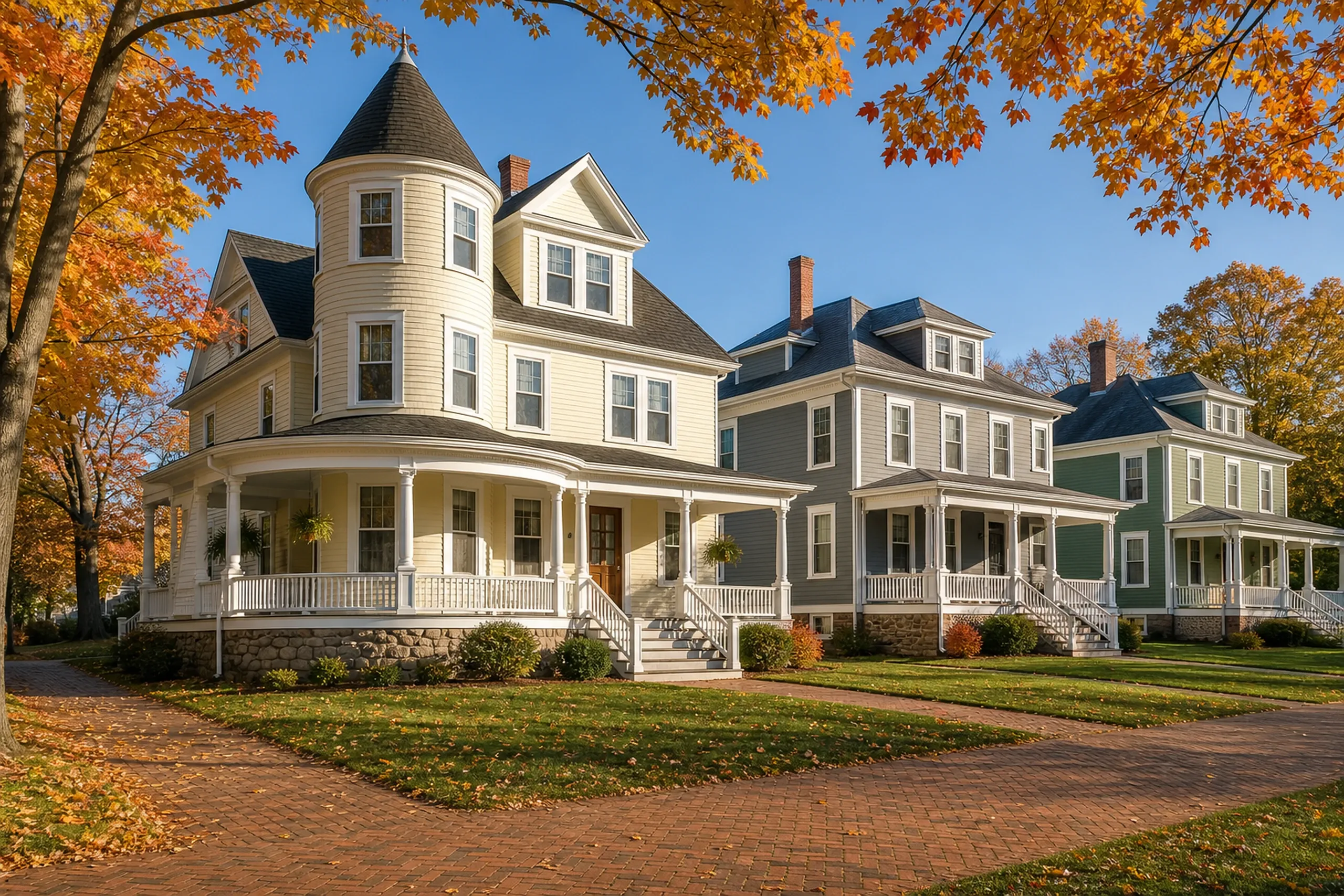 Victorian Homes in Fall: Row of white and green Victorian houses with black roofs, wrap-around porches, and cupolas surrounded by autumn trees.