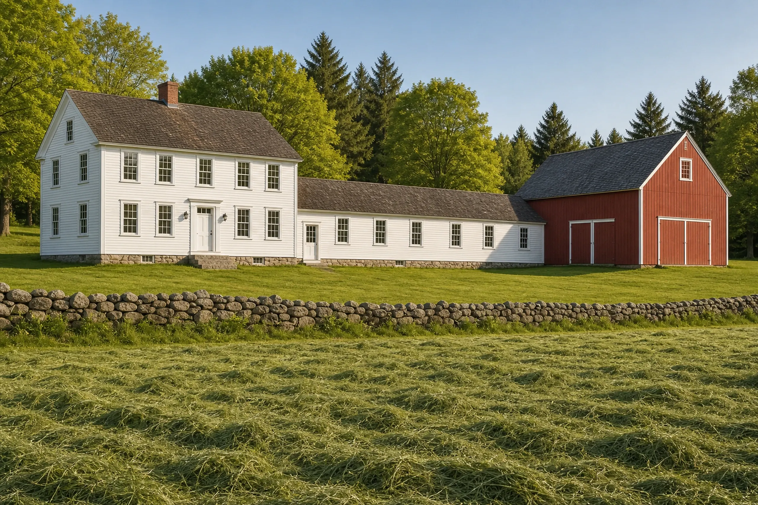 Classic Maine Farm: White clapboard farmhouse with stone foundation and attached barn, red outbuilding, stone wall, evergreen and deciduous trees, open field.
