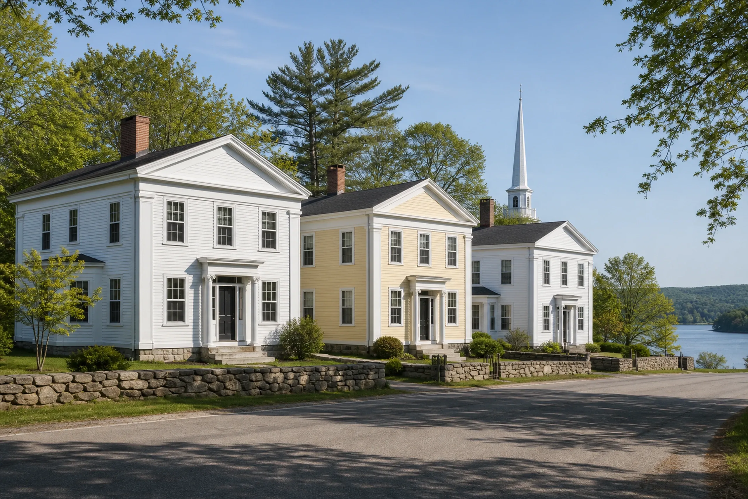 Colonial Homes: Three white and pale yellow colonial-style houses with black roofs and stone foundation walls along a rural road, with a church steeple visible in the background and a lake beyond.