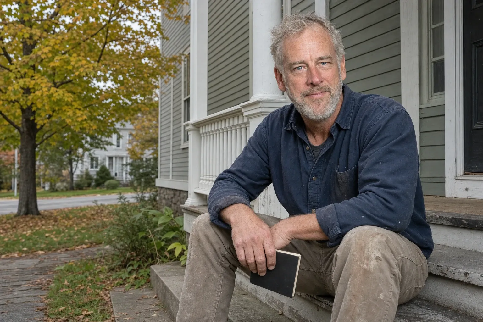 Wayne Cobb seated on the top step of the front porch of an old gray-green clapboard house in Bangor, a small closed notebook in one hand