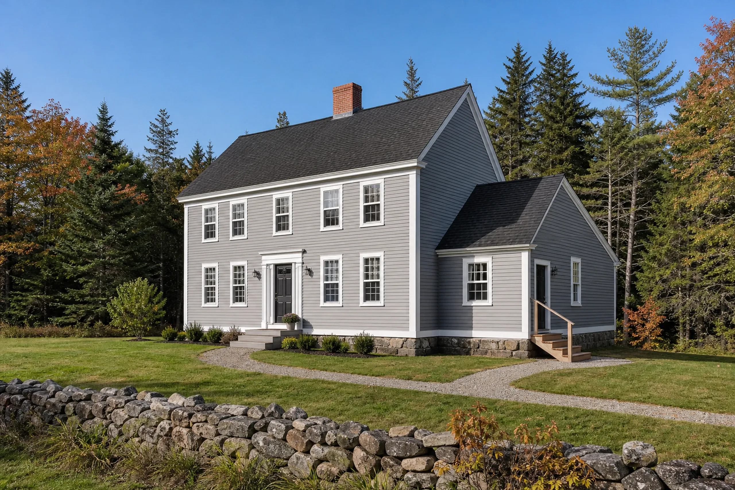 White Colonial in Bradley, ME: Two-story white vinyl-sided house with black roof, stone foundation, and attached single-story wing, surrounded by evergreen and deciduous trees and stone wall, no people visible.