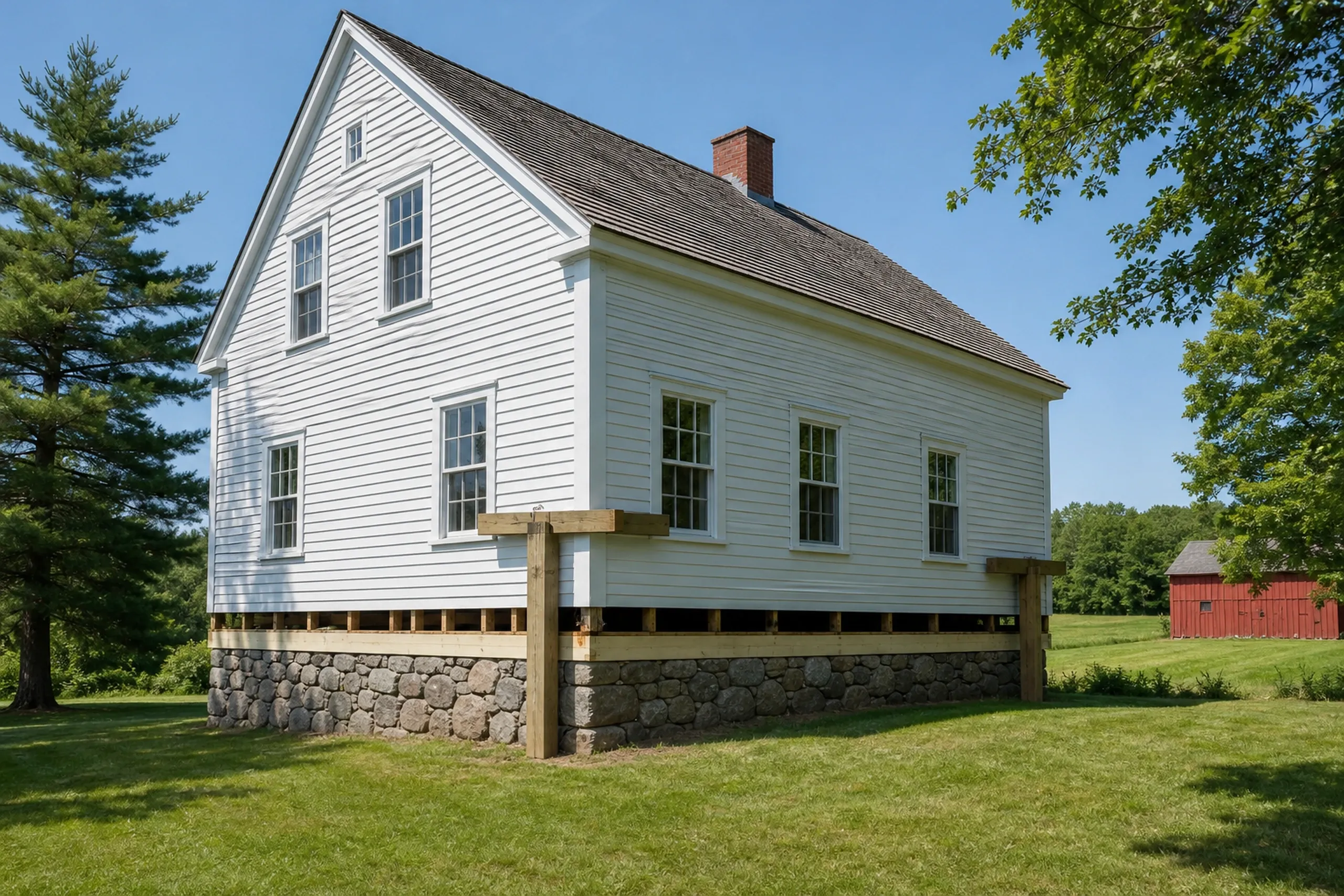 White Colonial House in Bradley, ME: White-sided two-story colonial house with dark roof and brick chimney elevated on stone foundation, surrounded by green lawn and trees with red barn visible in distance.