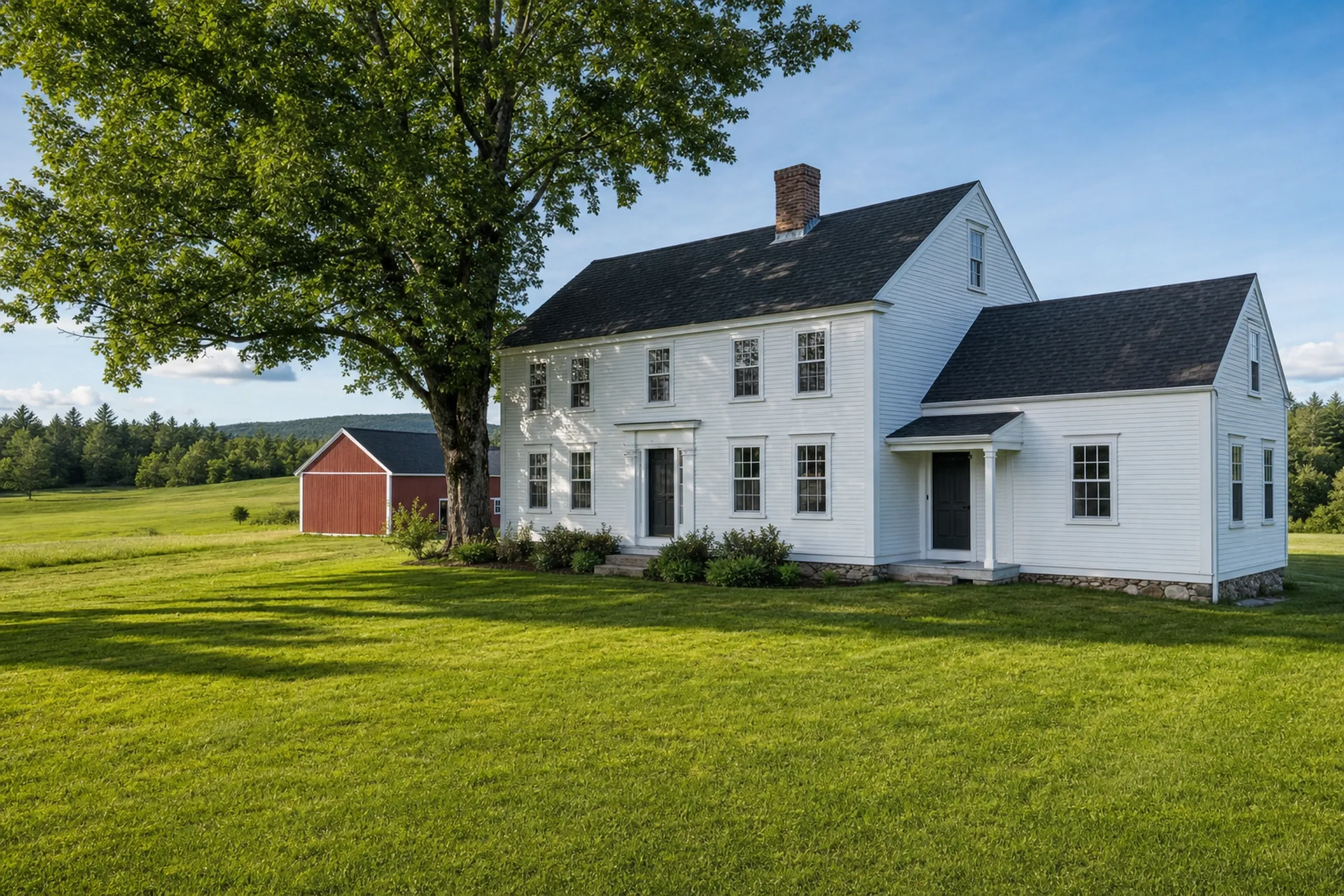 General contractor in Bradley, ME: White farmhouse with black roof and brick chimney on green lawn, red barn in background.