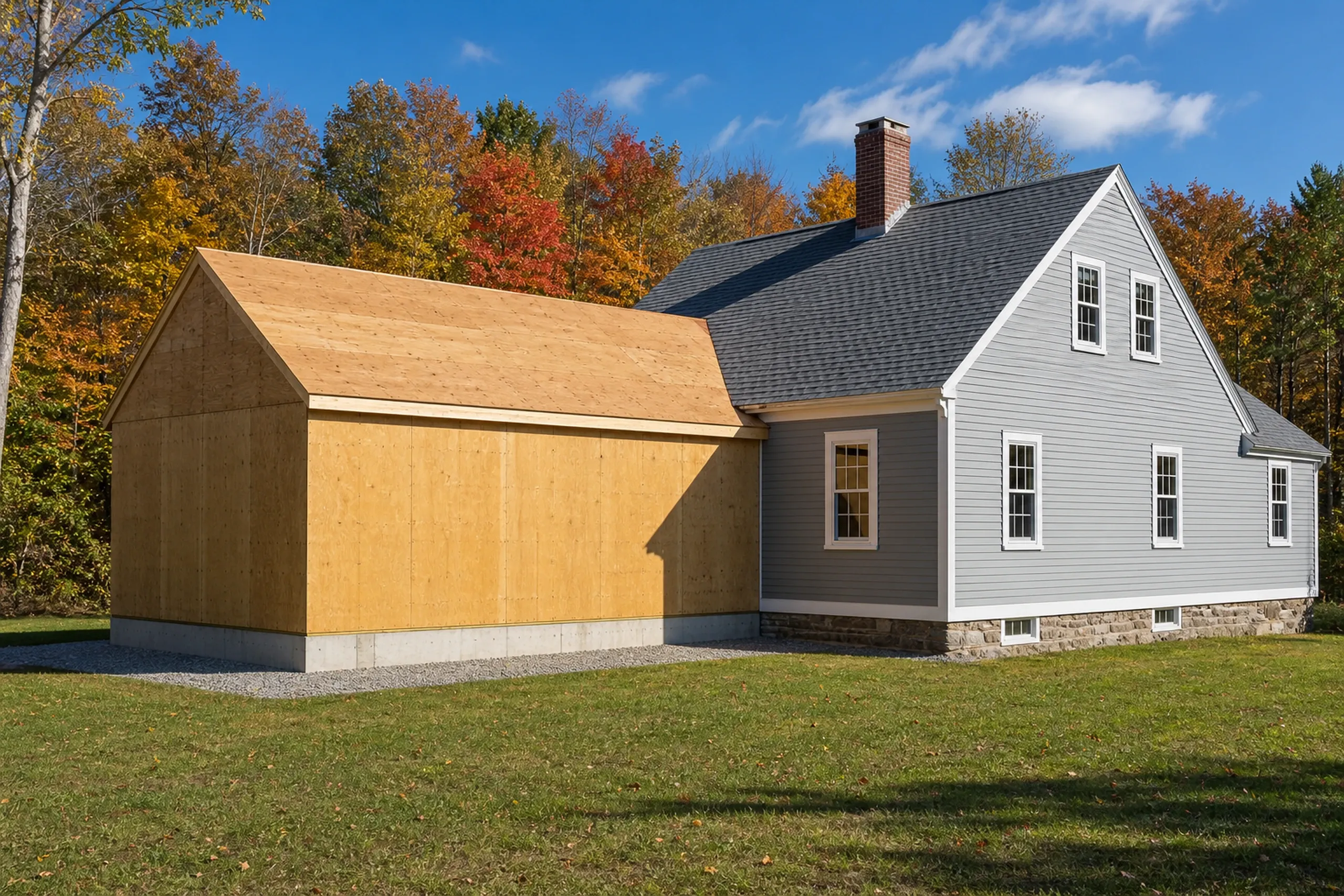 New England farmhouse with additions in Bradley, ME: White-sided main house with gray roof and brick chimney next to newly constructed wooden-sided barn addition with tan roof, set on green lawn with autumn trees in background.