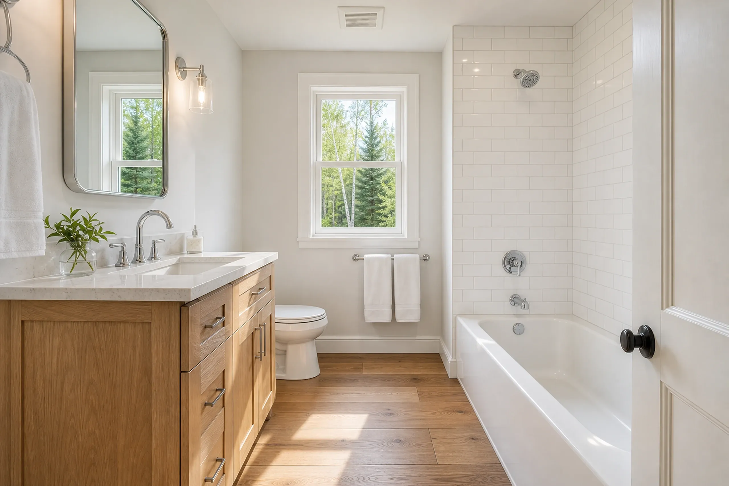 Bradley, Maine bathroom renovation: Modern bathroom interior with wooden vanity, white subway tile shower surround, bathtub, and window overlooking trees.