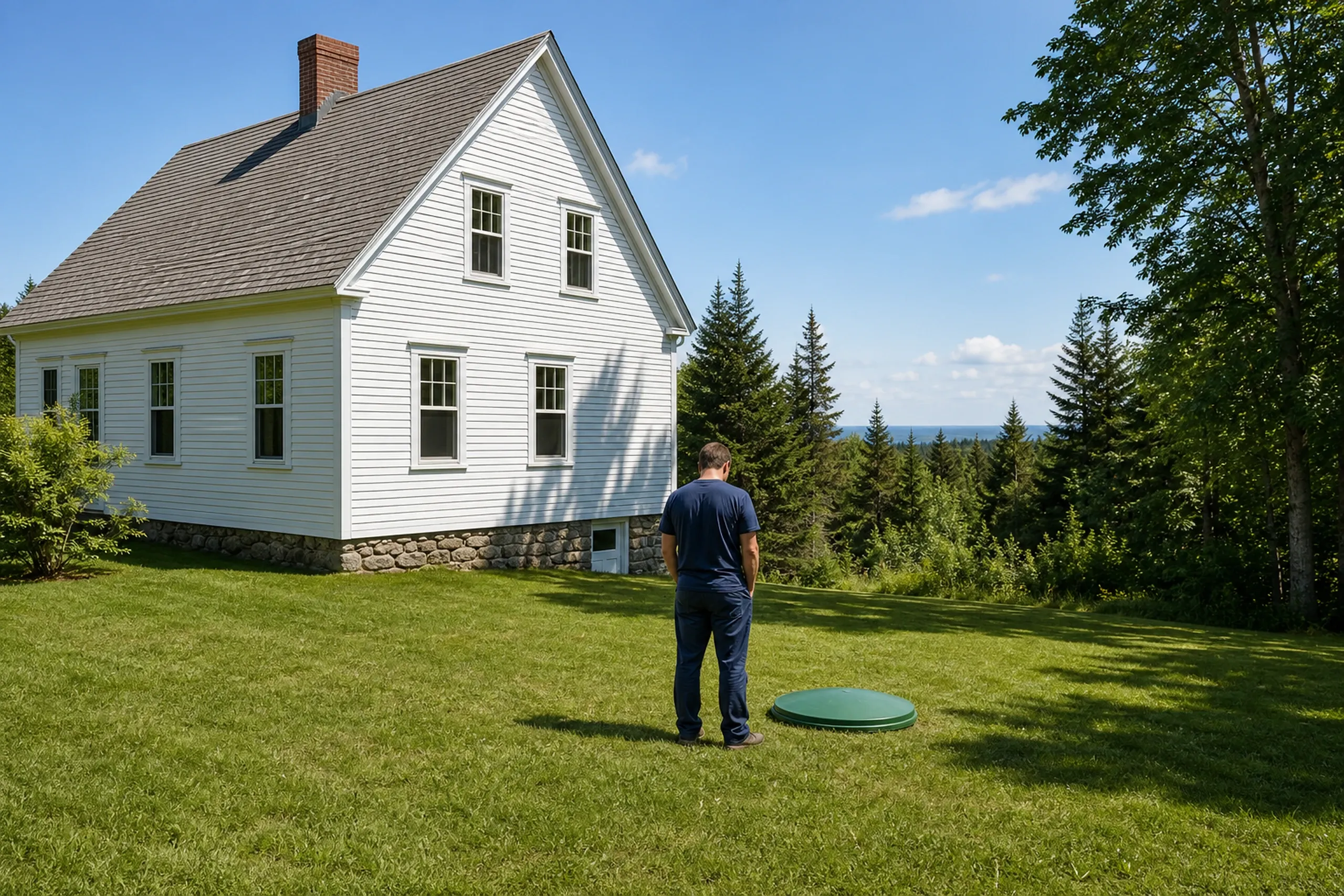 White Colonial Home in Bradley, Maine: Man standing in yard facing white-sided house with gray roof, stone foundation, and chimney, surrounded by evergreen trees and lawn.