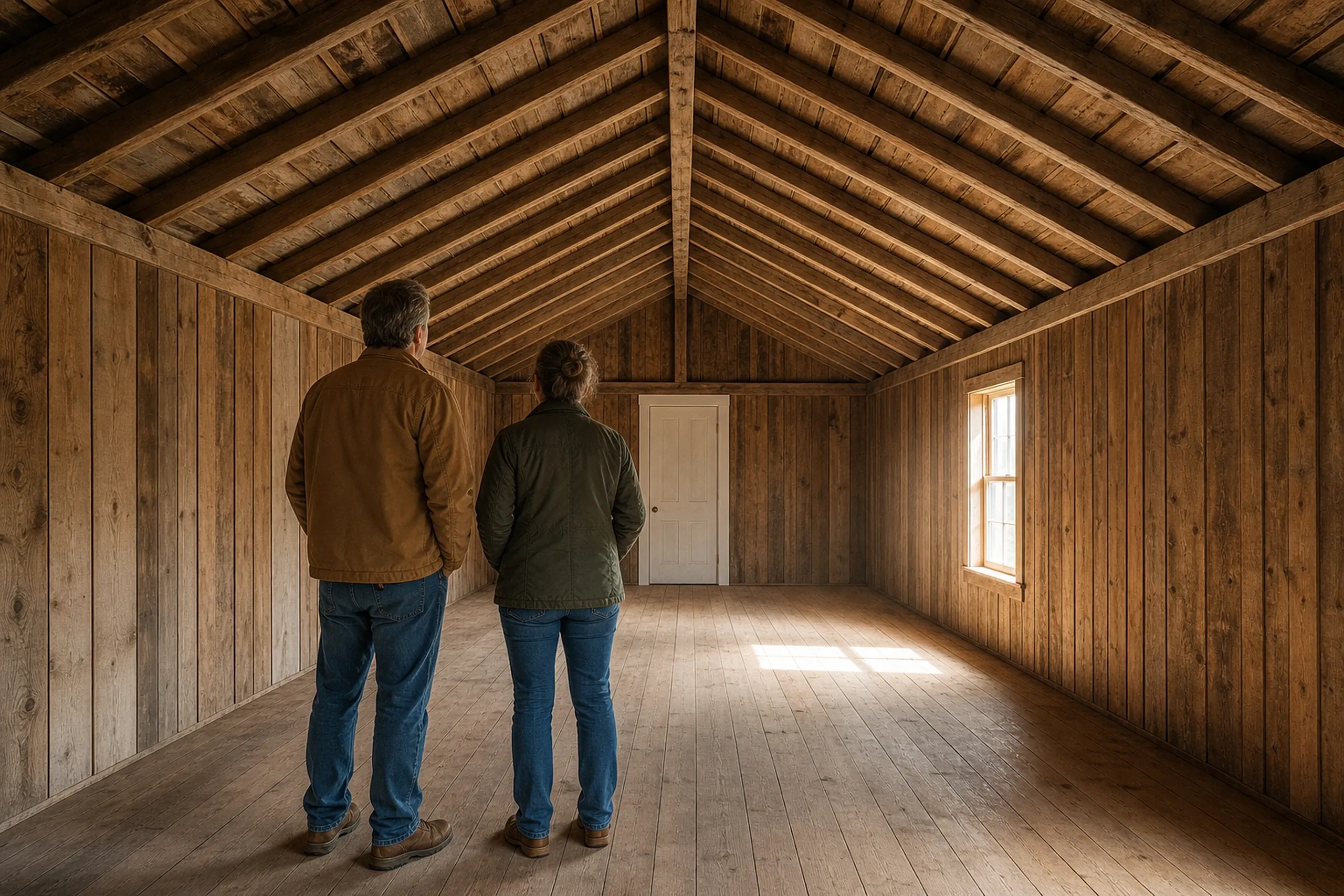 Interior of wooden cabin in Bradley, ME: Two people standing inside a wood-sided structure with exposed beam ceiling, wooden flooring, and a white door visible in the distance.