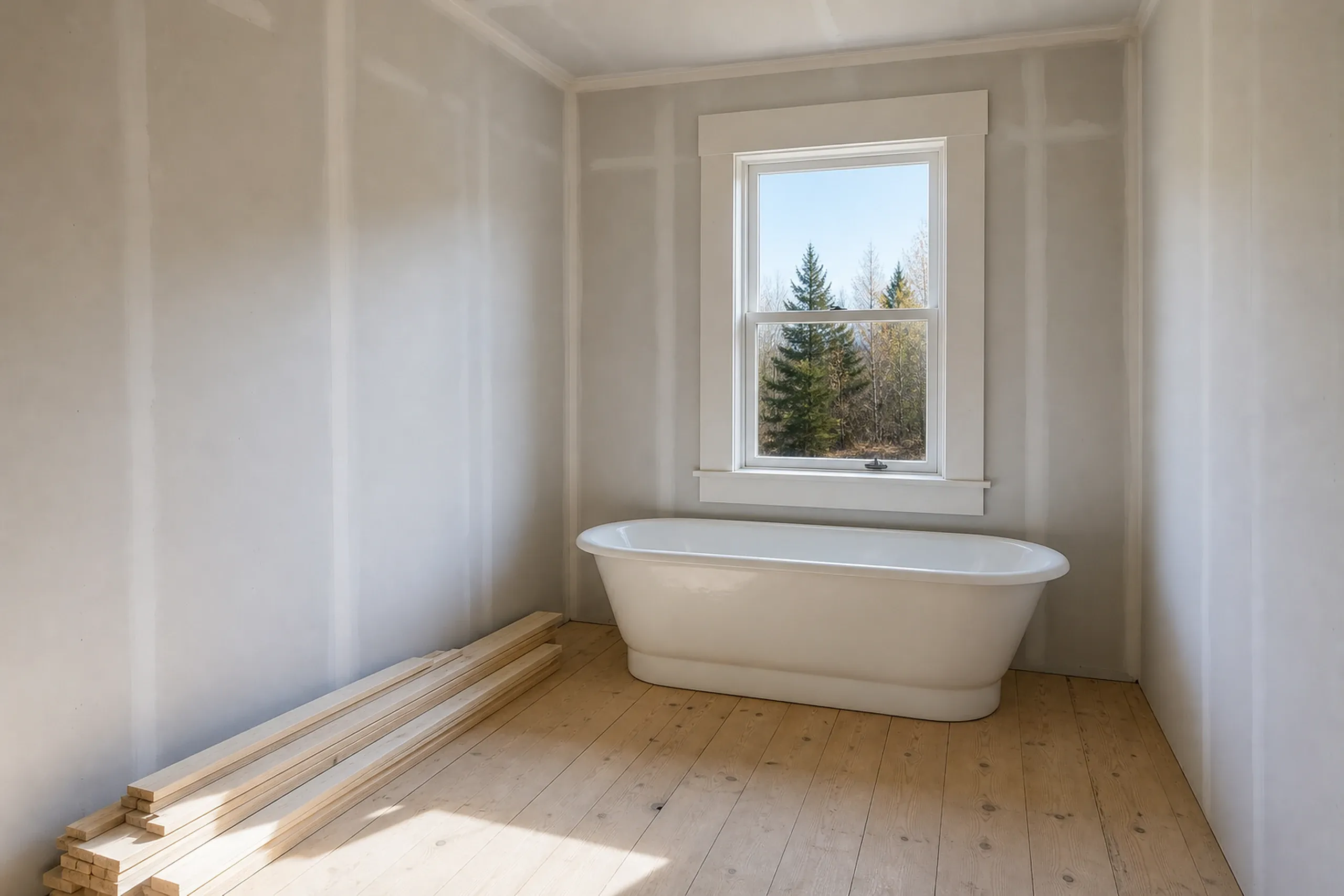 New construction bathroom in Bradley, ME: White freestanding tub on wooden flooring with window overlooking evergreen trees.