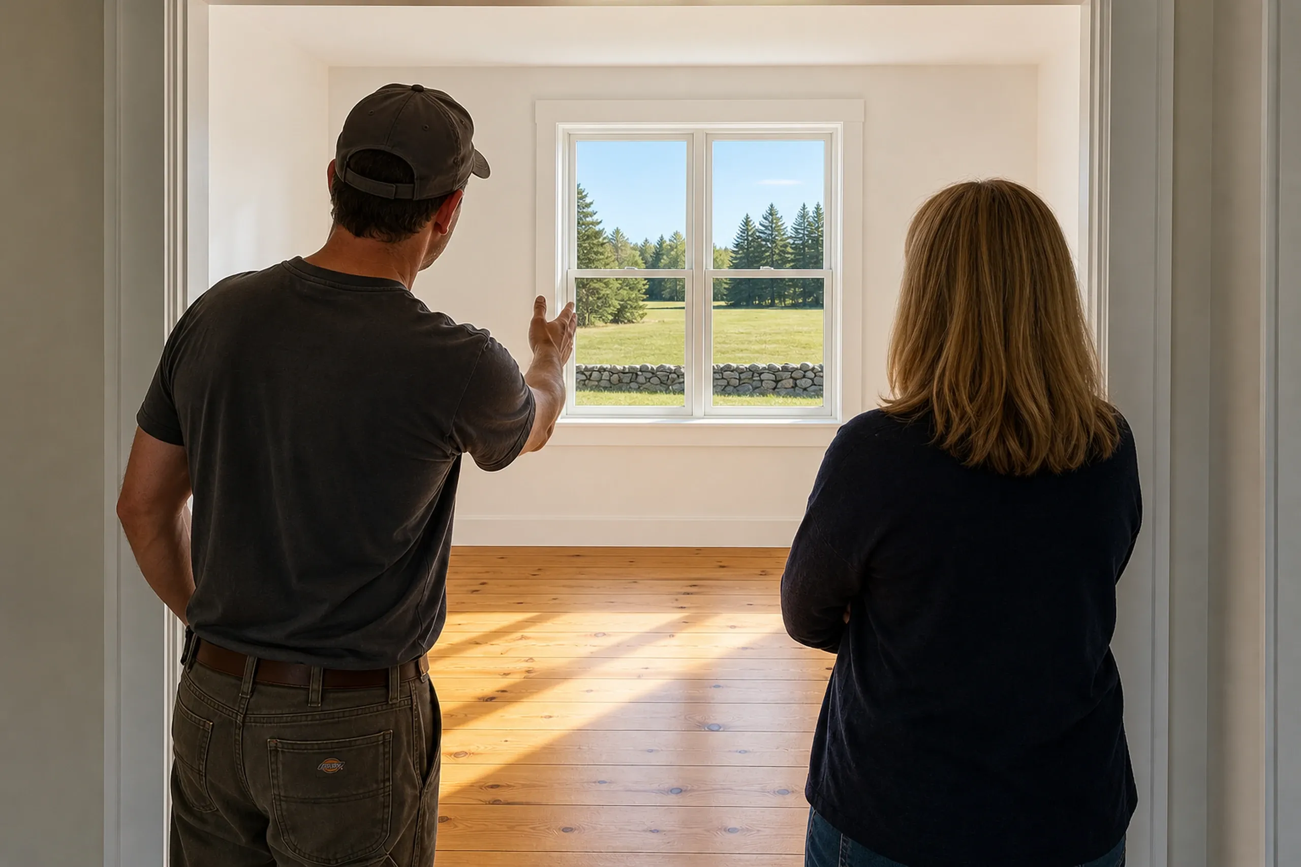 New home interior in Bradley, ME: Two people viewing large window with white trim in bright room with wood flooring, looking out at forested rural landscape.