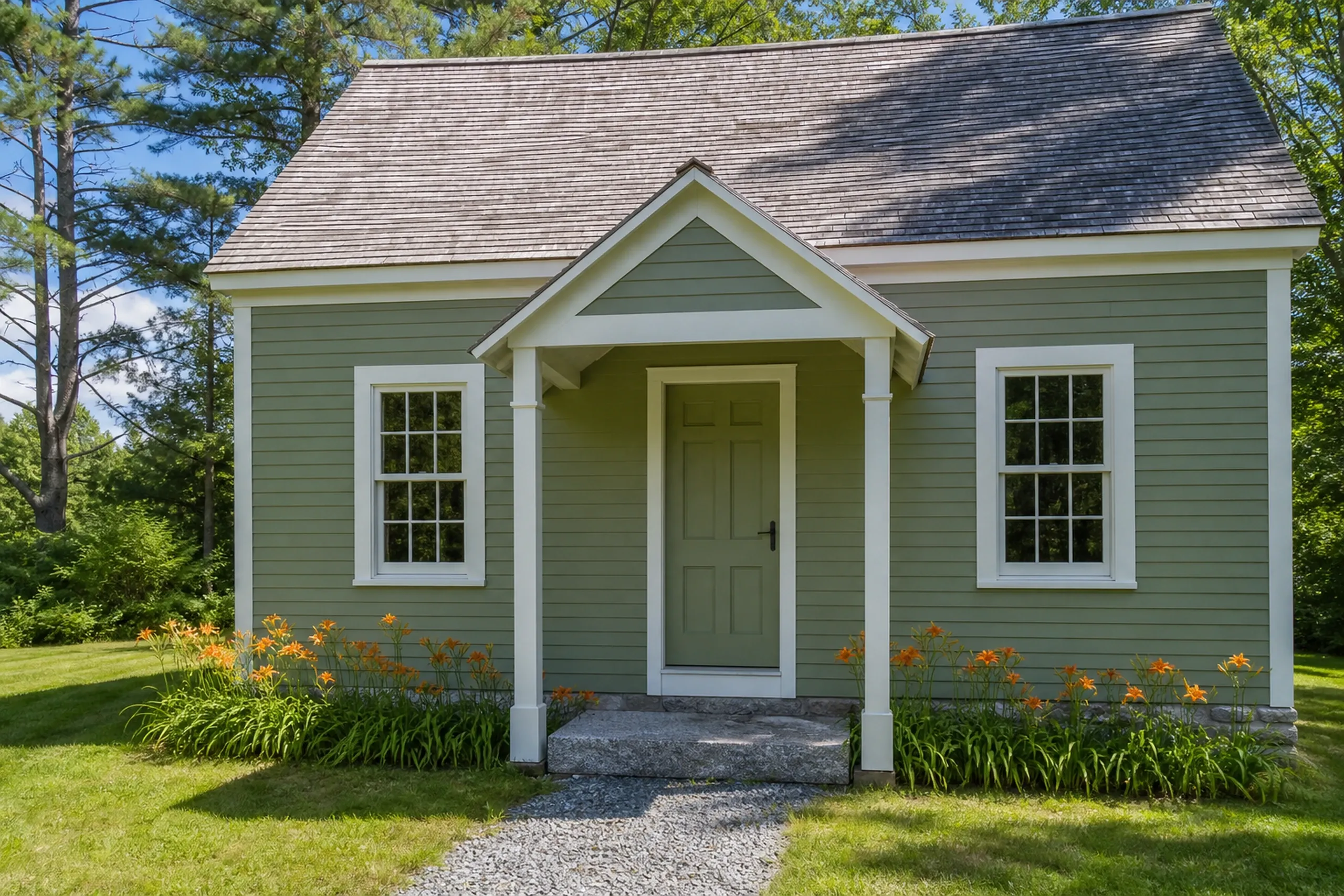 Green cottage in Bradley, Maine: Small single-story house with gray-green horizontal siding, white trim, gabled roof with gray shingles, front porch with columns, two windows flanking door, orange flowers in front beds, surrounded by grass and trees.