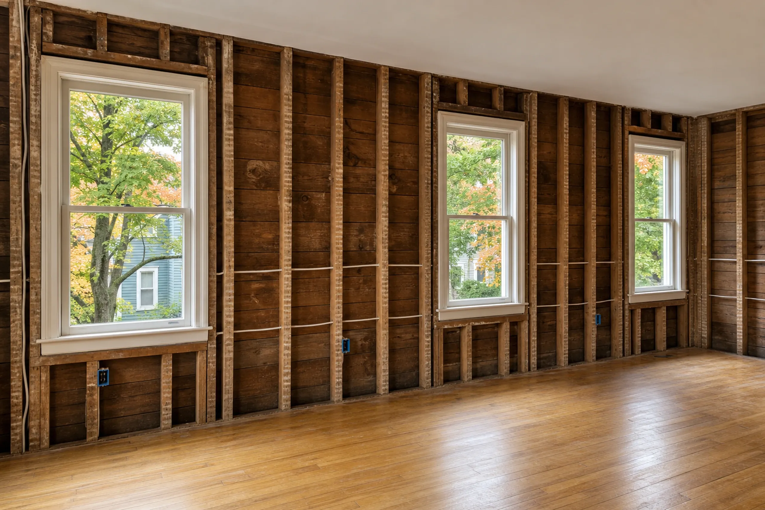 Interior framing in Brewer, ME: New wood-framed wall cavities with white-trimmed windows overlooking trees and neighboring houses, hardwood flooring visible.