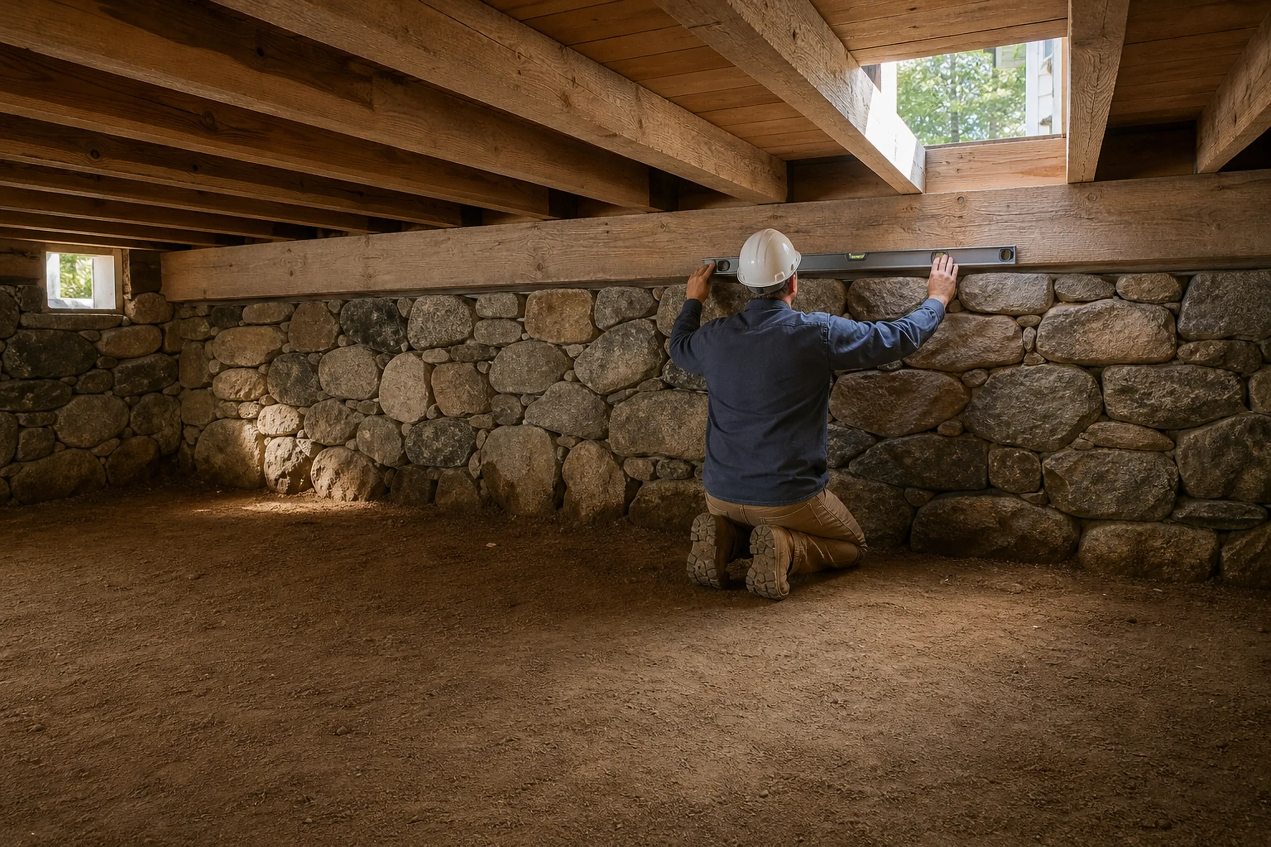 Stone Foundation Work in Brewer, ME: Worker in hard hat kneeling against stone foundation wall below wooden beam ceiling in basement.
