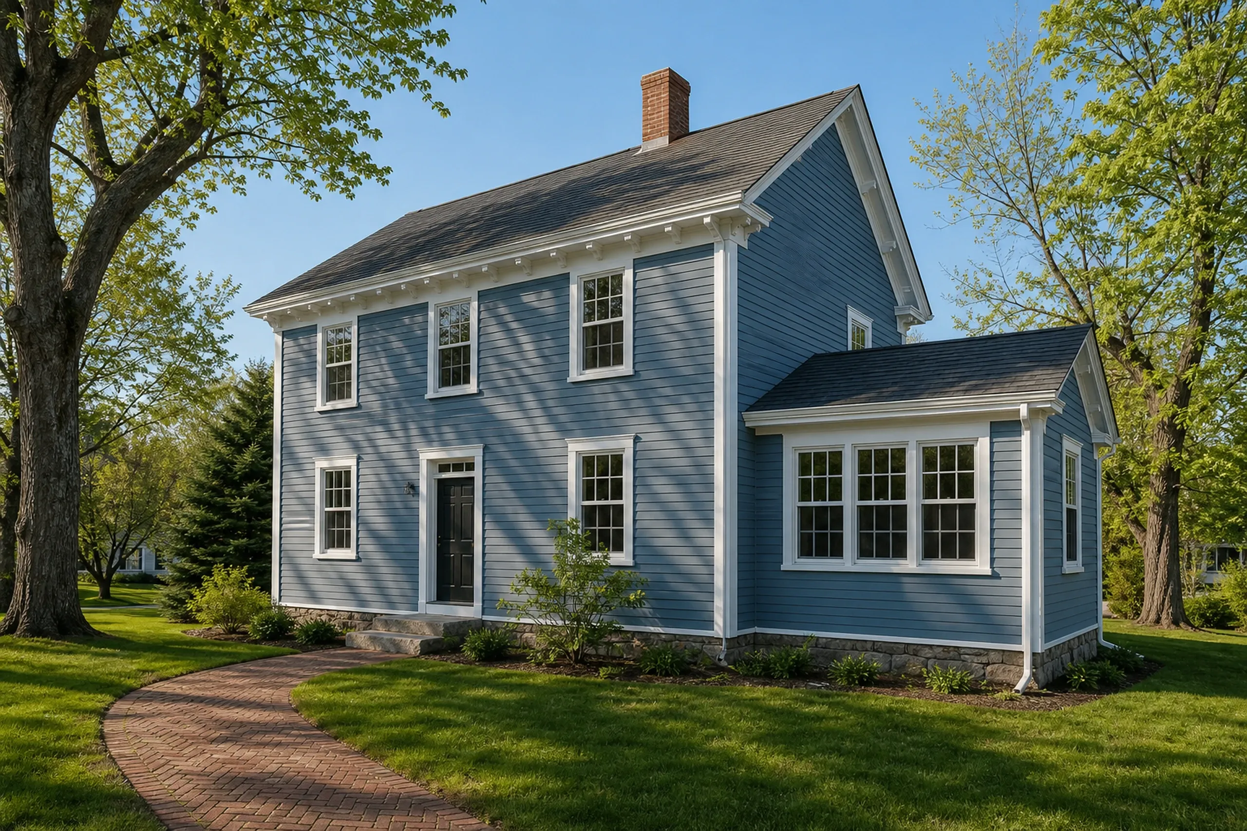 Blue colonial house in Brewer, ME: Two-story blue vinyl-sided home with white trim and dark roof. Brick walkway leads to front entrance. Large lawn with mature trees on either side.