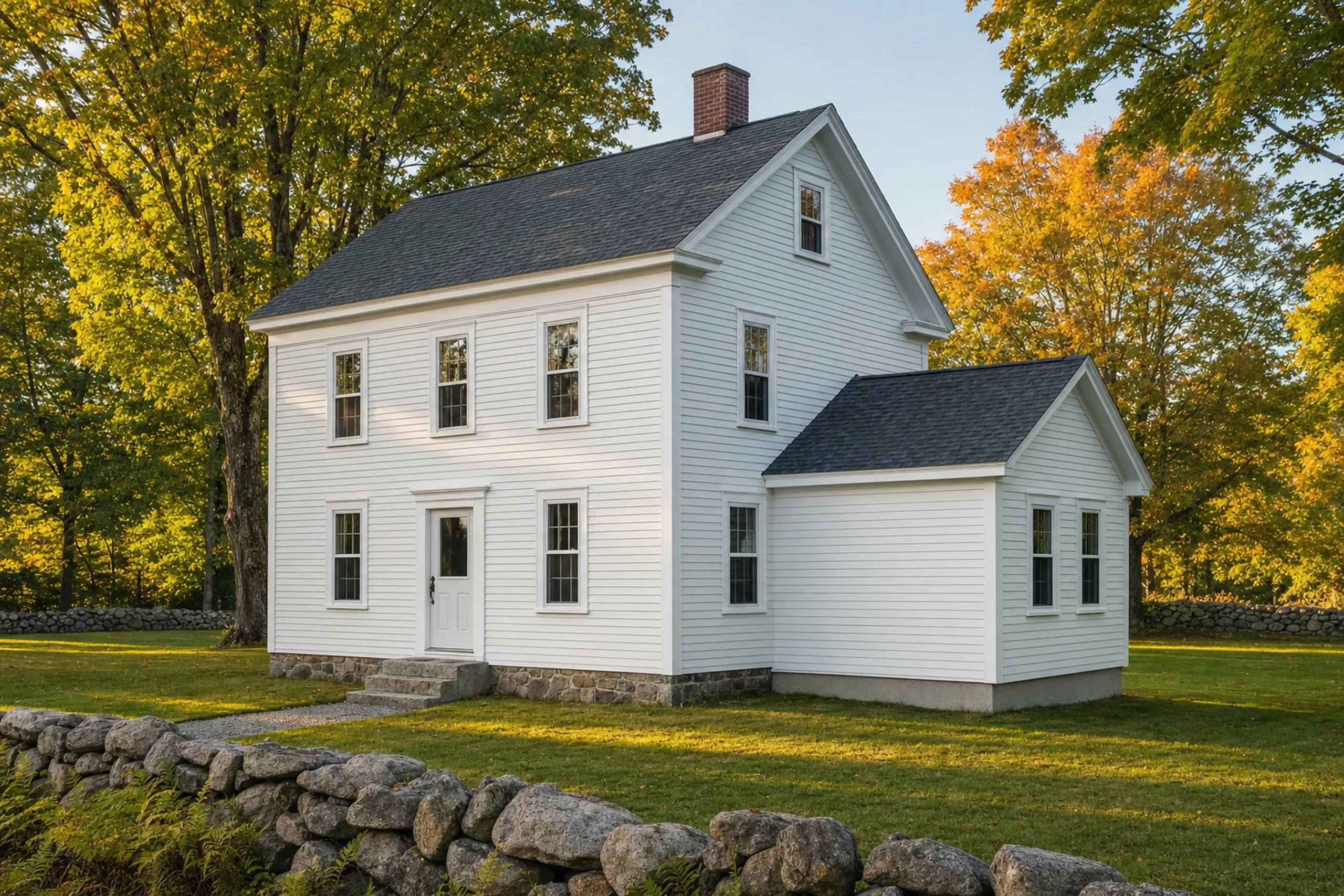 General contractor in Brewer, ME: White two-story house with black roof, white trim, and stone foundation on grassy lot surrounded by autumn trees.