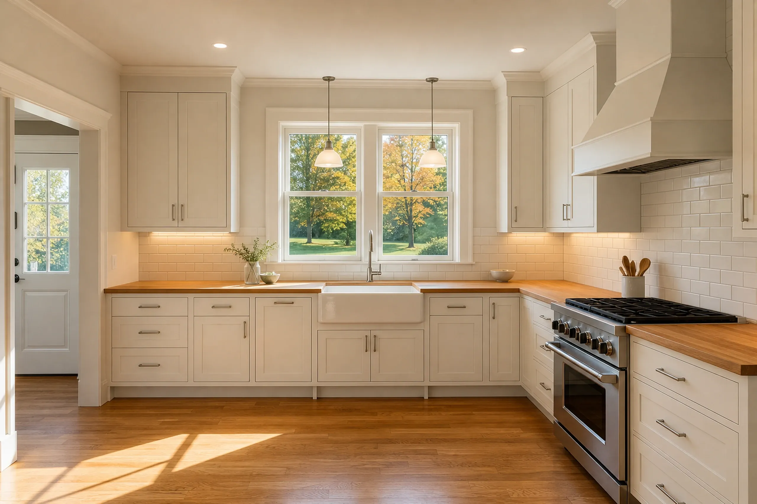 Modern kitchen renovation in Brewer, Maine: Cream-colored cabinetry with wood countertops, white subway tile backsplash, stainless steel appliances, and large windows overlooking autumn trees.