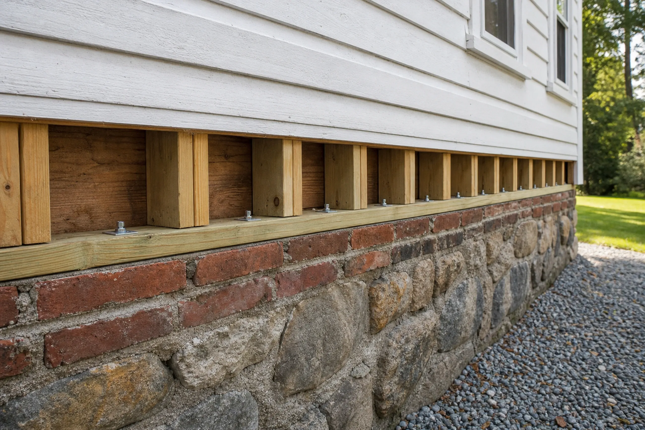 Residential foundation repair in Brewer, ME: Close-up of stone foundation with wooden lattice vents beneath white horizontal siding, gravel ground, green lawn visible.