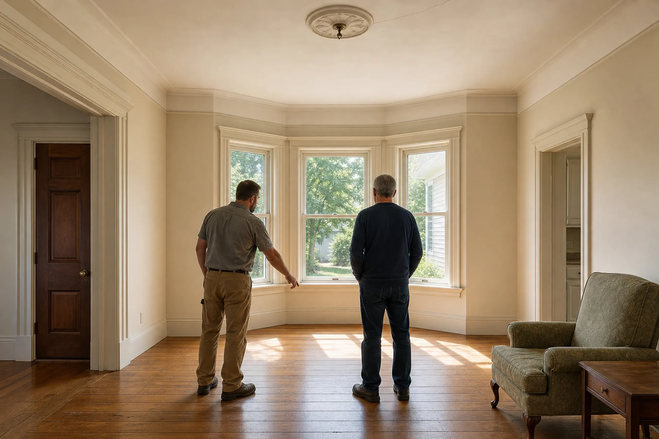 Interior home renovation in Brewer, ME: Two men standing in a bright room with hardwood floors, bay windows, cream-colored walls, white trim, and wooden doors.
