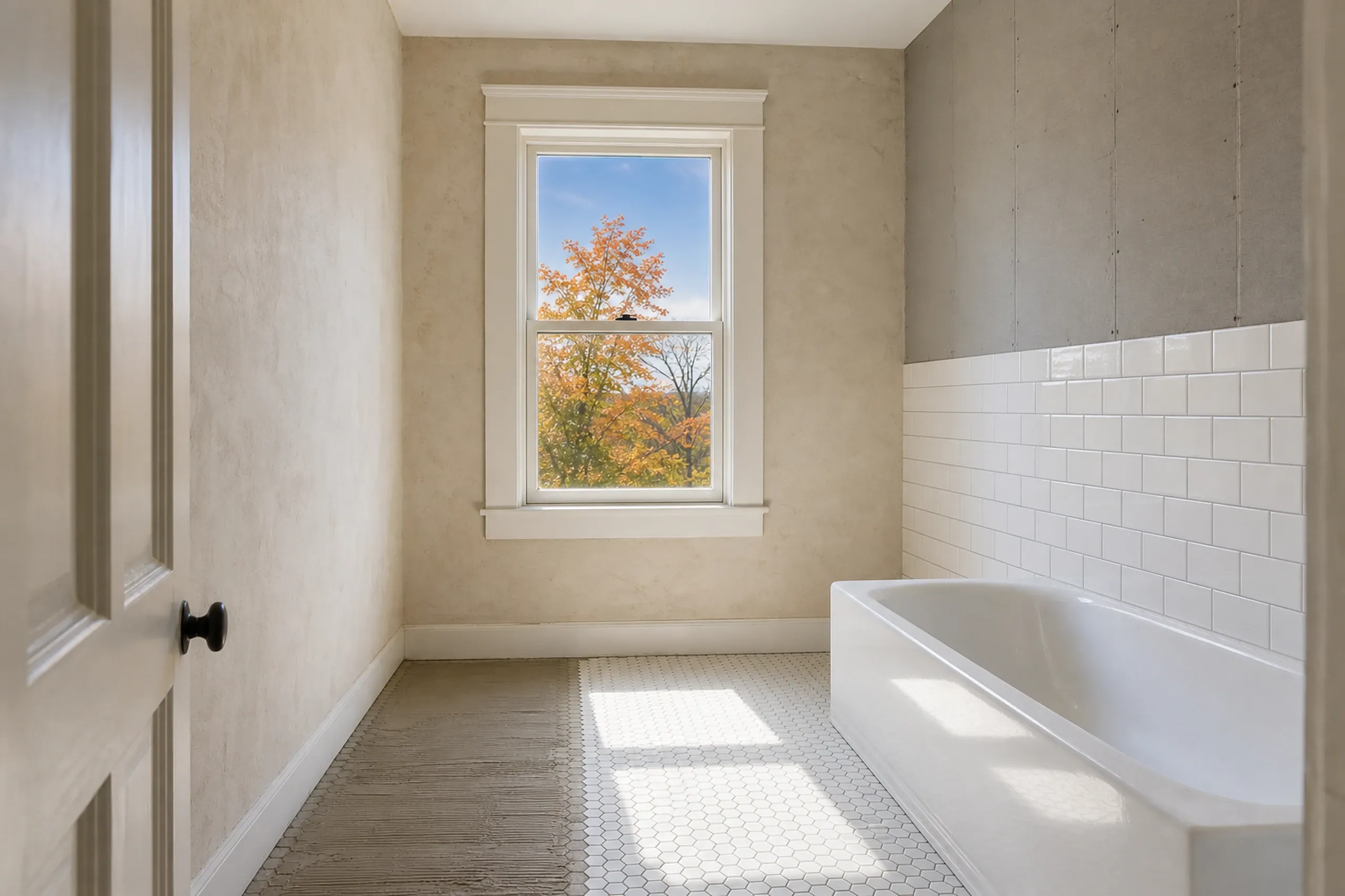 Bathroom renovation in Brewer, Maine: A bright bathroom interior with white subway tile, a freestanding tub, and a window with autumn foliage view.