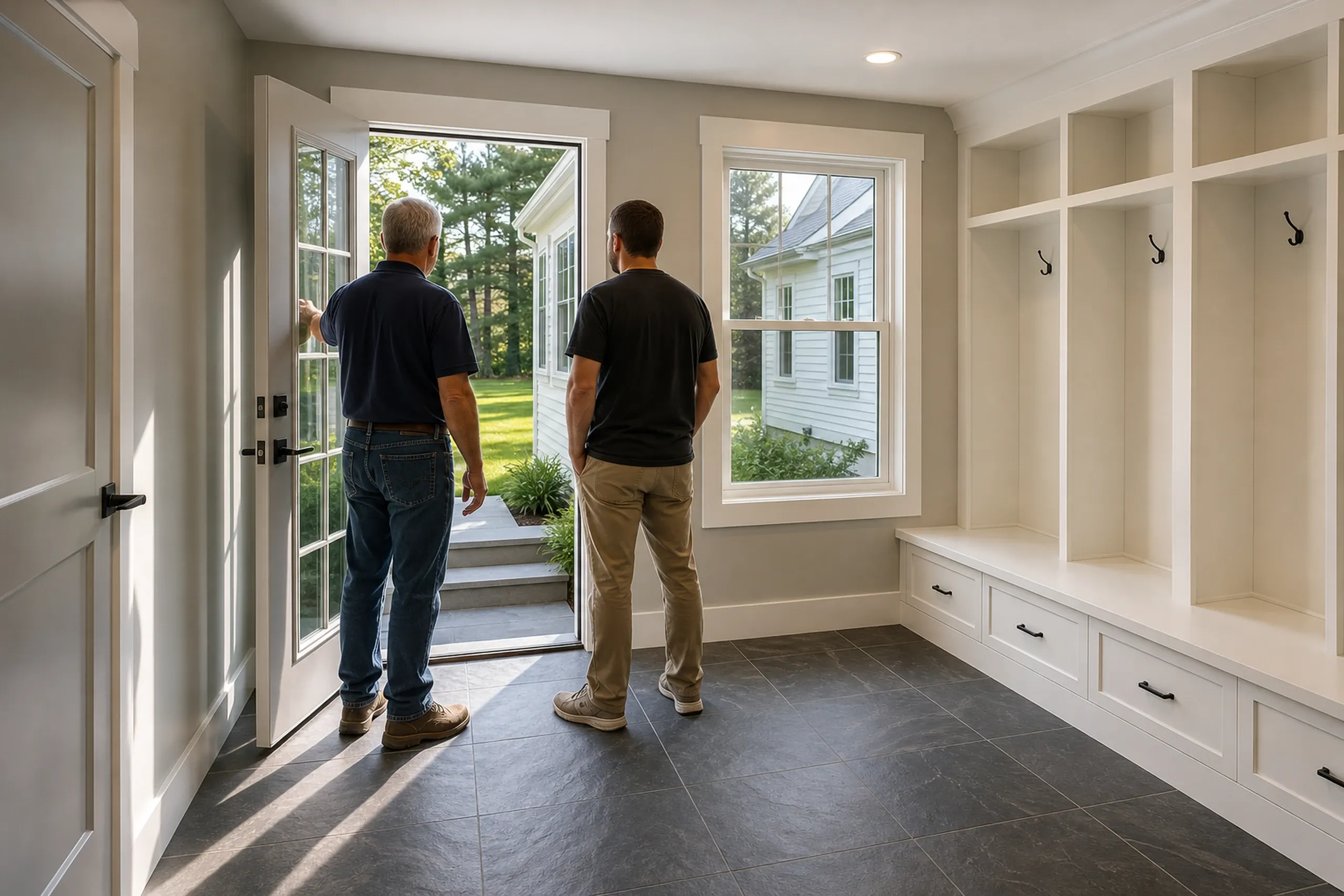 Modern mudroom addition in Brewer, ME: Two men view finished white cabinetry with cubbies and drawers through glass doors to exterior showing white vinyl-sided house with dark roof.