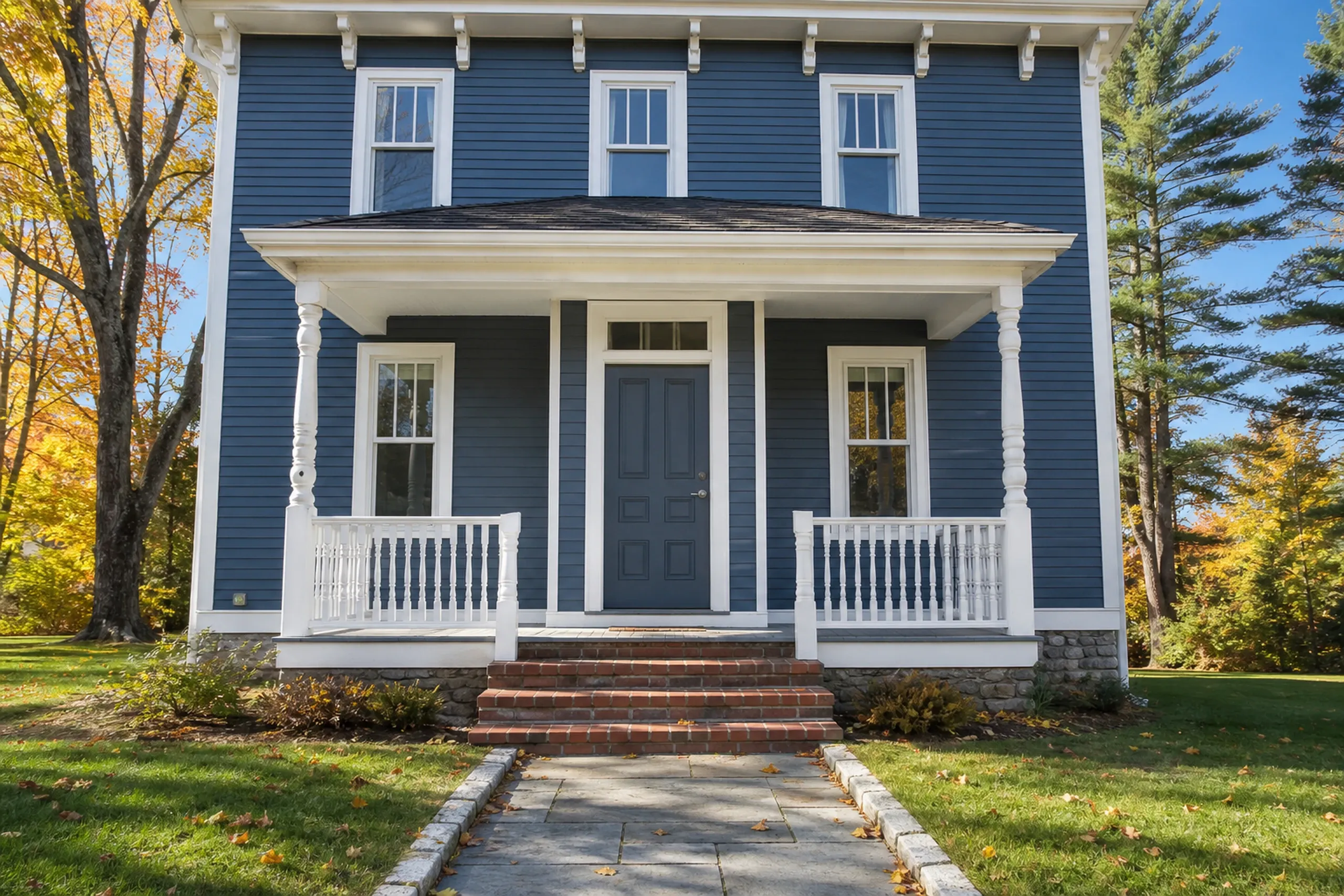 Blue colonial home in Brewer, ME: Two-story house with blue siding, white trim, black front door, covered porch with white railings, brick foundation, and evergreen trees nearby.