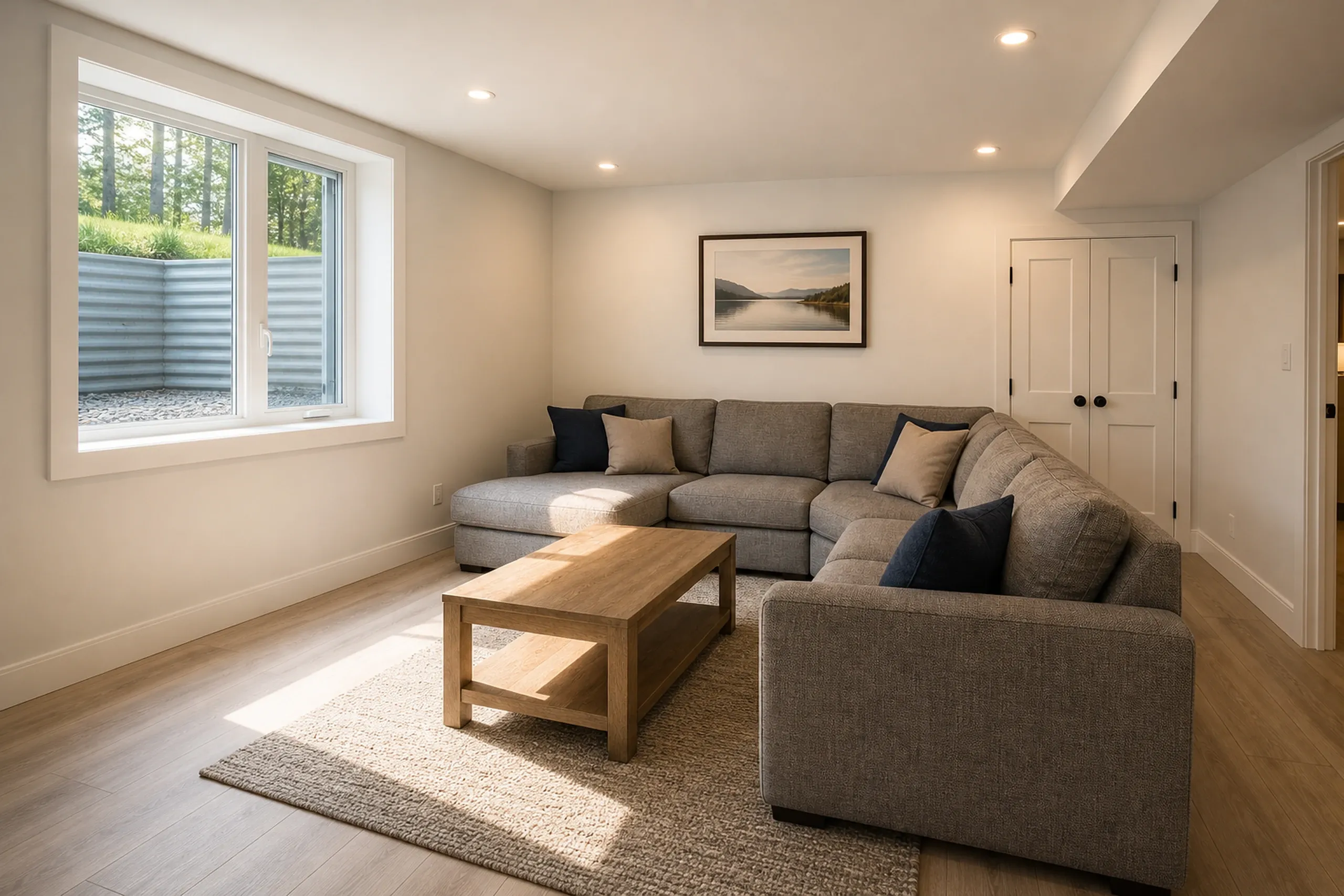 Basement recreation room in Carmel, ME: Interior view of finished basement with gray sectional sofa, wood coffee table, and large egress window with corrugated well.