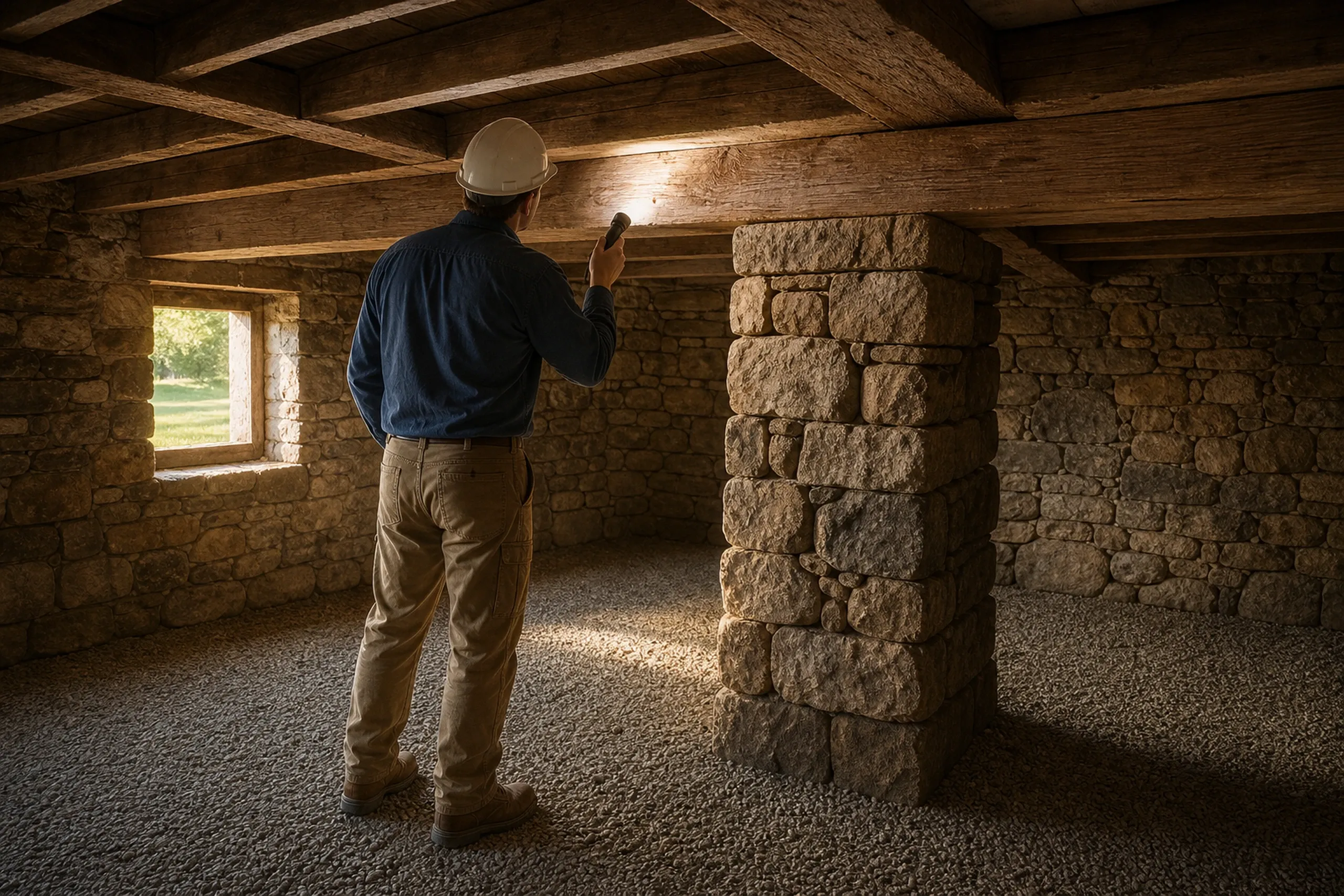 Stone basement inspection in Carmel, ME: Worker in hard hat and blue jacket examines tan stone foundation walls and wooden ceiling beams inside unfinished basement with window opening to exterior.