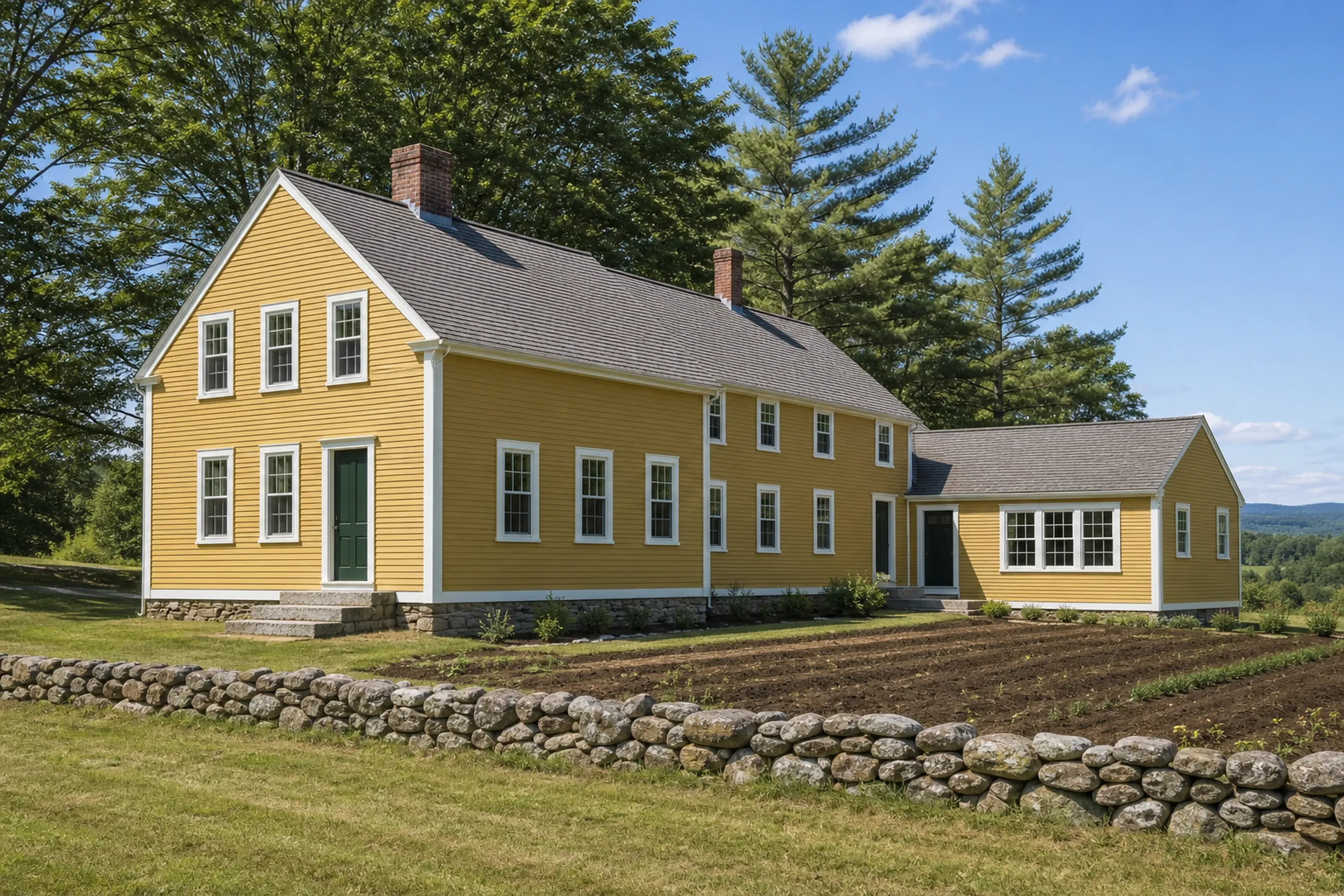 Yellow Colonial Home in Carmel, ME: Large yellow farmhouse with white trim and dark gray roof surrounded by evergreen trees, stone wall fence, and manicured lawn.