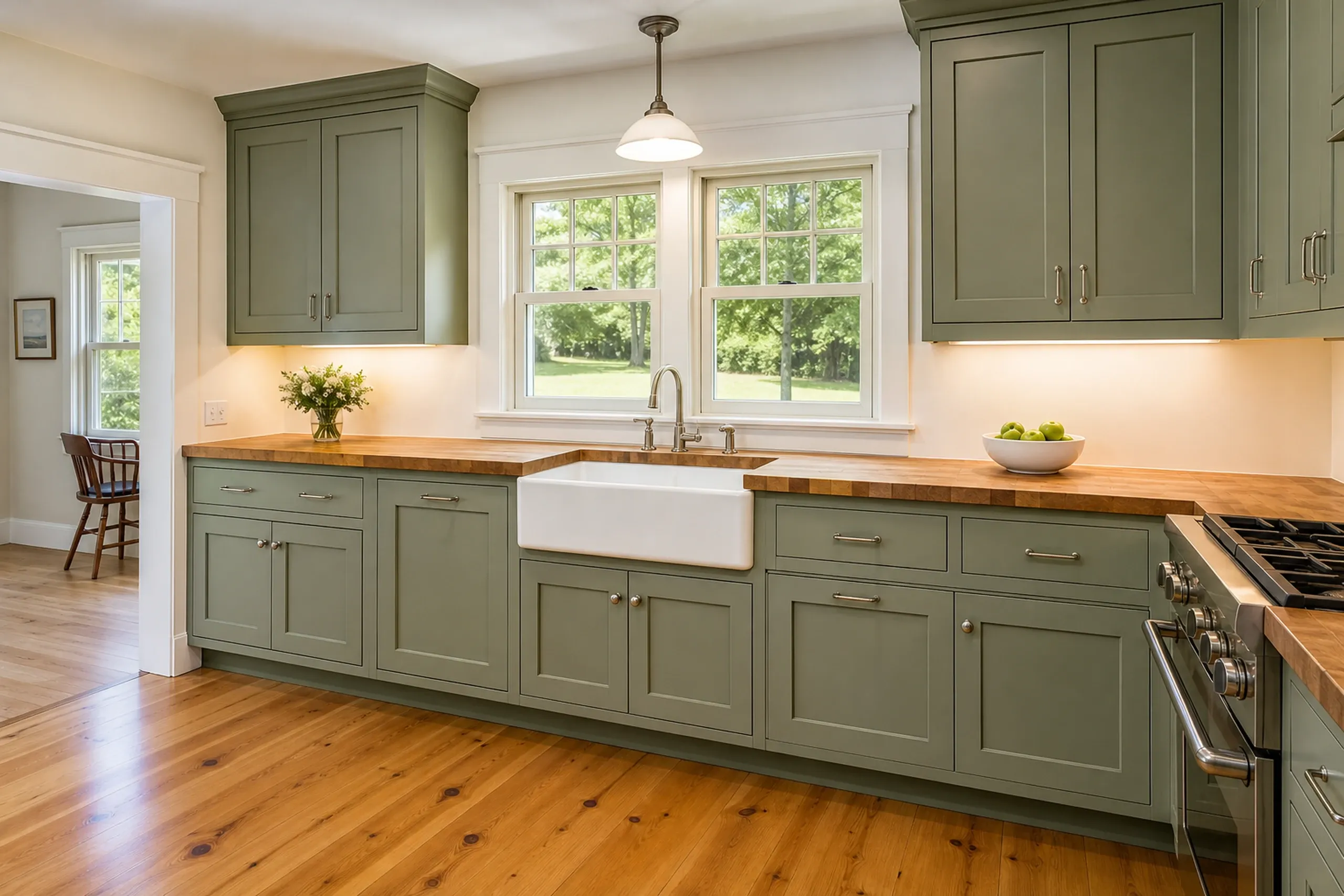 Green Kitchen Renovation in Carmel, Maine: Interior view of a kitchen with sage green cabinetry, wood countertops, white farmhouse sink, and large windows overlooking green landscaping.