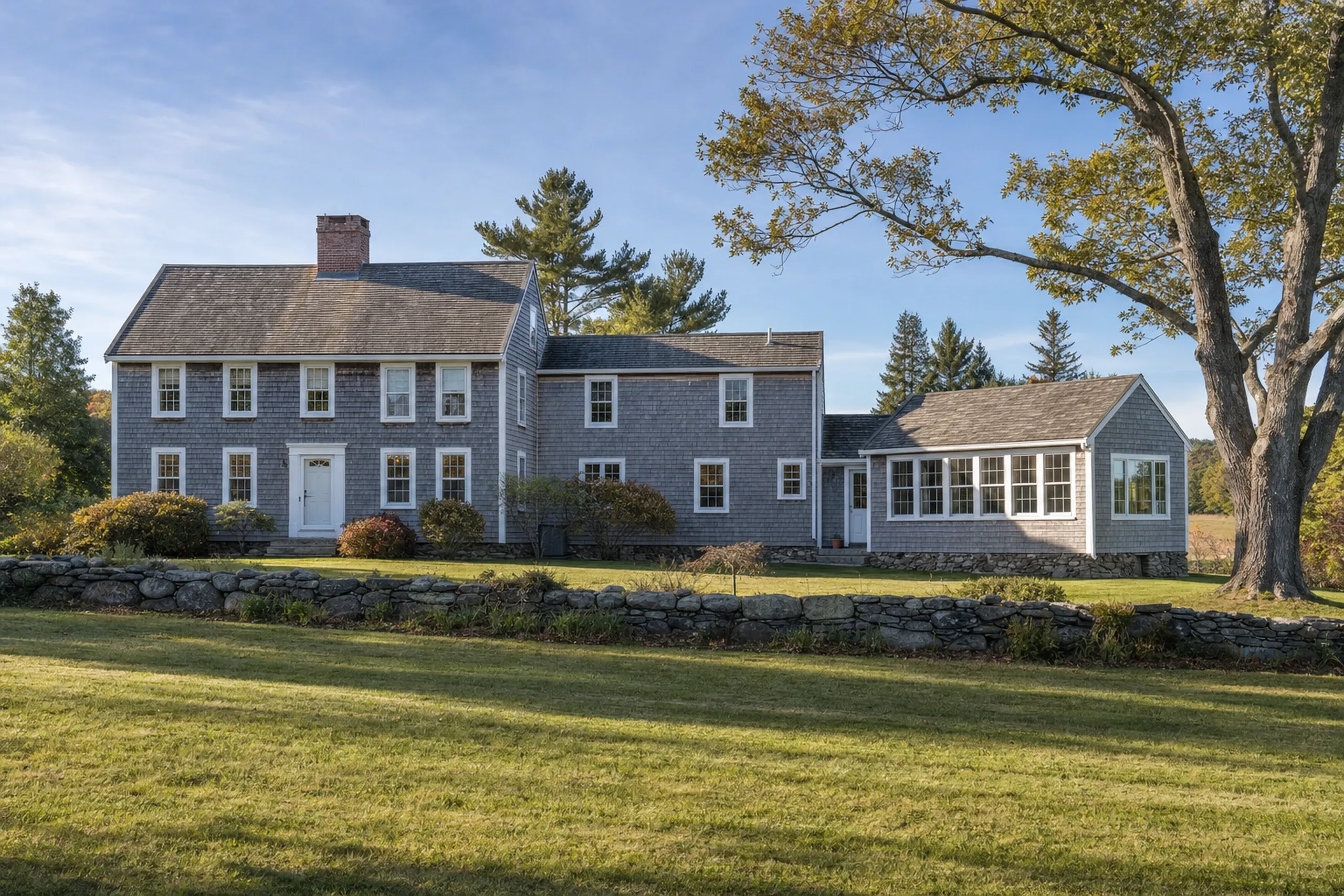 General contractor in Carmel, ME: Two-story gray shingled house with white trim and stone foundation on a lawn with large tree.
