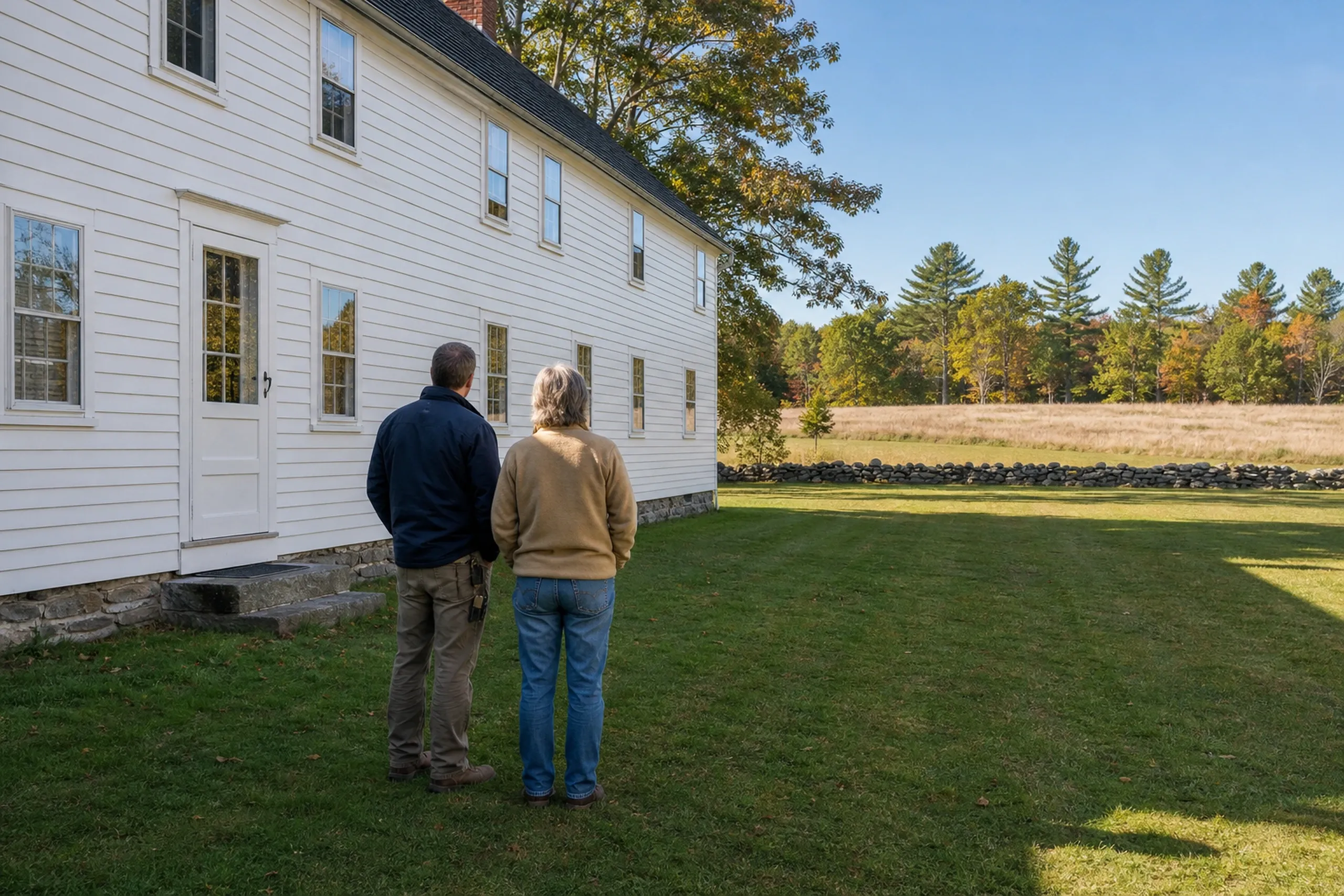 White Colonial Home in Carmel, ME: Two people stand in the yard viewing a white-sided colonial house with multiple windows, dark roof, and stone foundation, set on a lawn with a rock wall and forested backdrop.