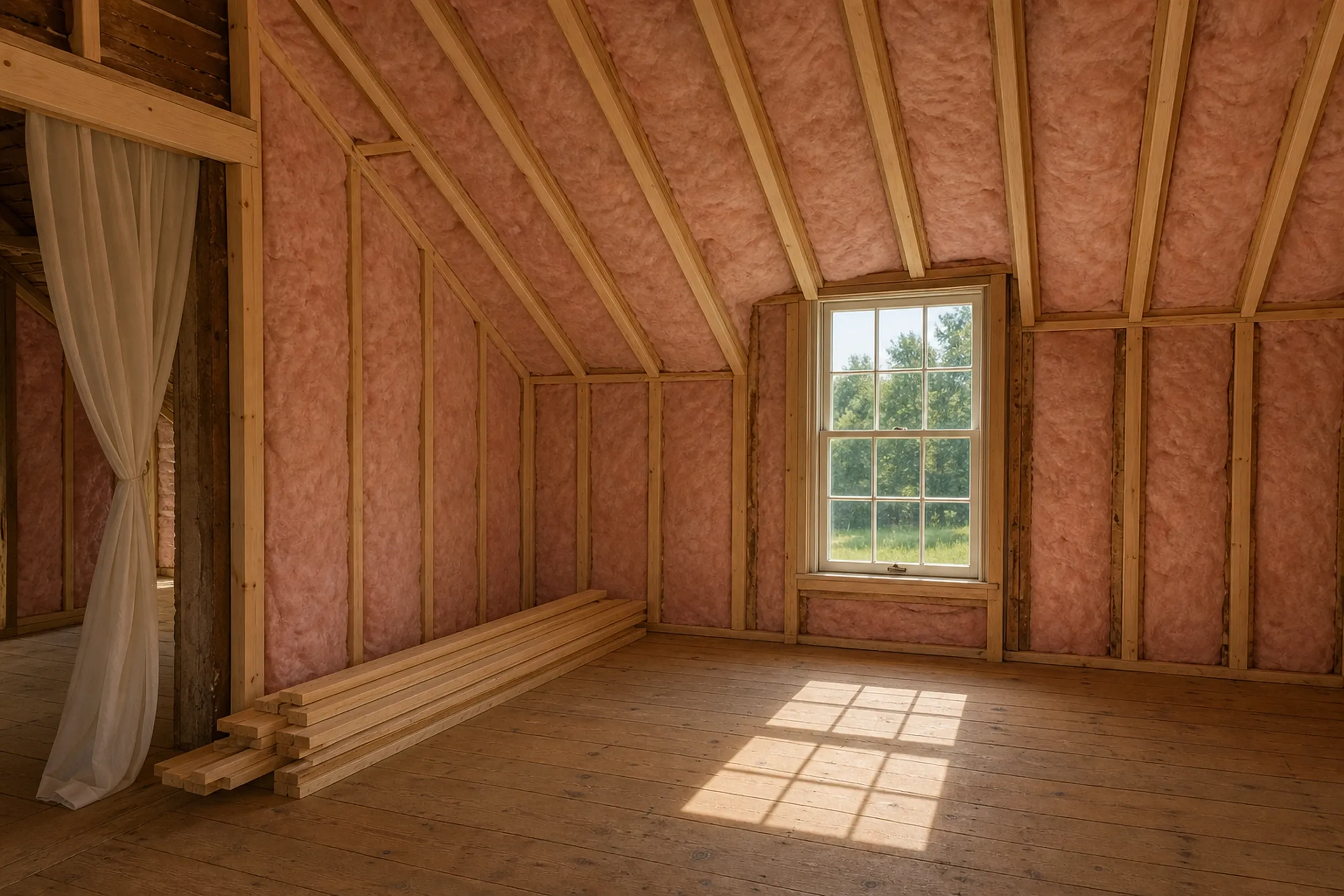 Unfinished attic framing in Carmel, ME: Interior view of wooden beam framing with pink insulation and wooden flooring, window with pastoral view.
