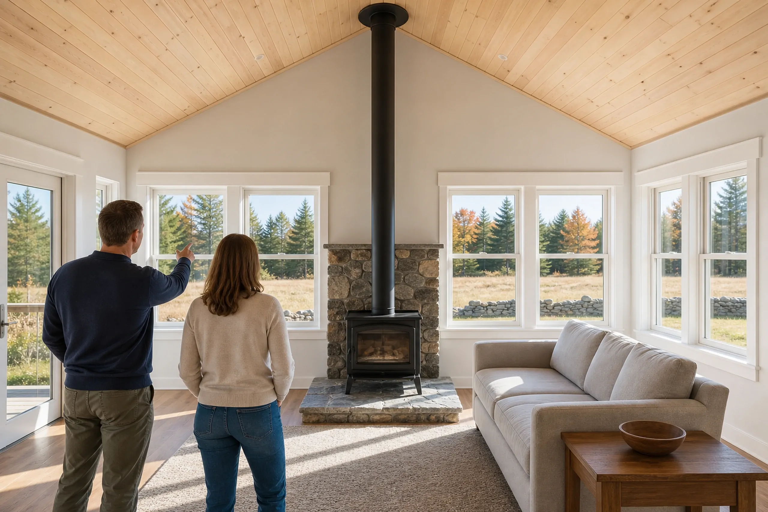 Modern home in Carmel, ME: Two people standing in bright living room with wood ceiling, white-trimmed windows, stone fireplace, beige sofa, and forest views.