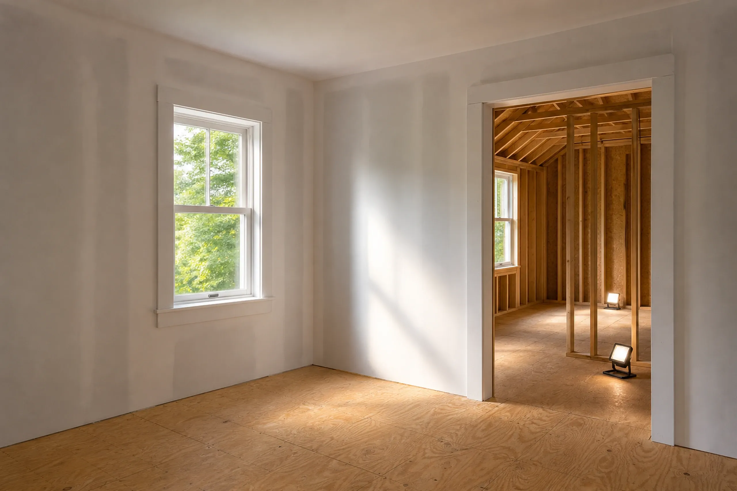 Interior Construction in Carmel, ME: Empty room with white drywall, wooden flooring, window overlooking green trees, open doorway to framed room with exposed wood studs and roof framing.
