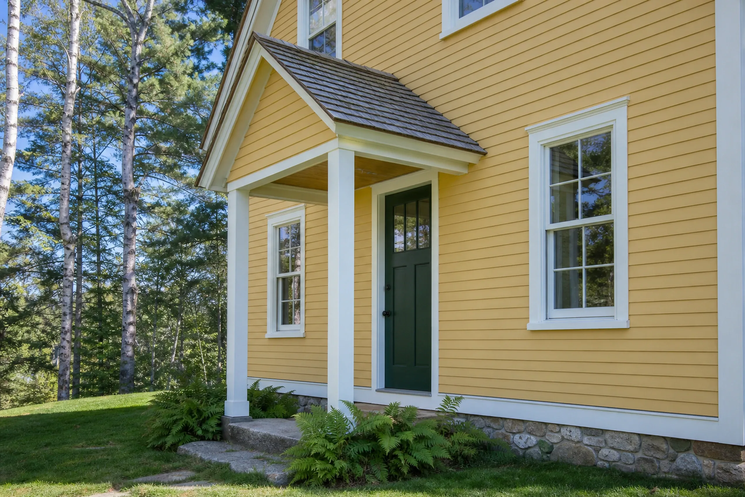 Yellow house with white trim in Carmel, ME: A yellow single-story house with white trim and dark roof features a covered front porch with white columns, large windows, and stone foundation, surrounded by evergreen trees and lawn.