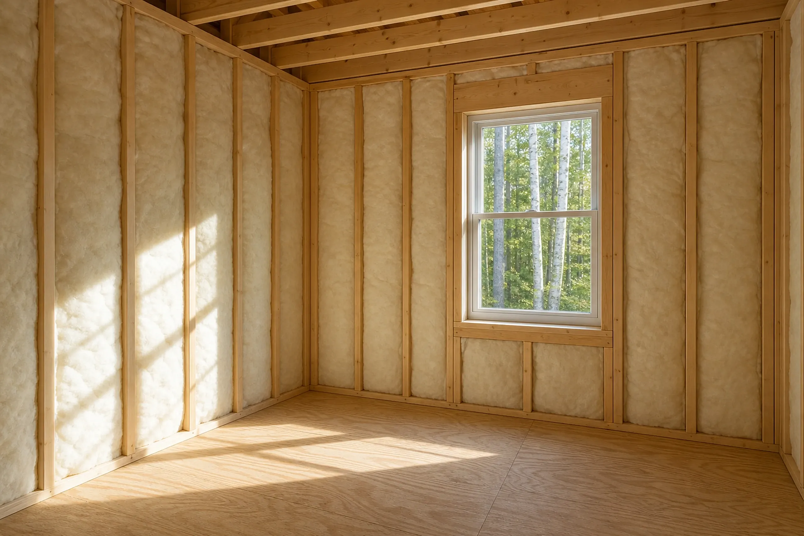 Empty room under construction in Clifton, ME: Interior framing with insulation, wood studs and trim, wooden floor, window overlooking trees.