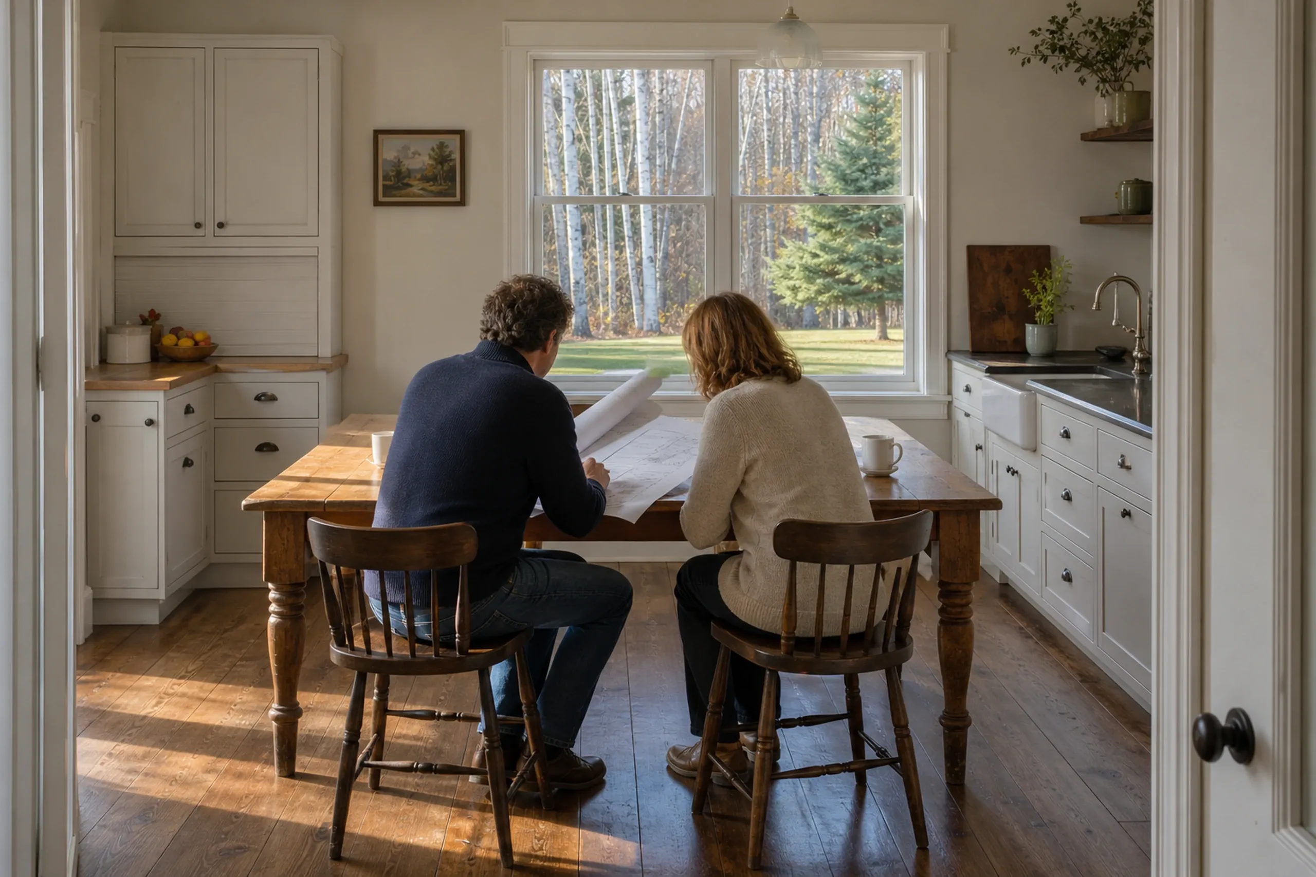 Kitchen renovation in Clifton, Maine: Two people sit at a wooden table reviewing plans inside a bright kitchen with white cabinetry, large windows overlooking birch and evergreen trees.