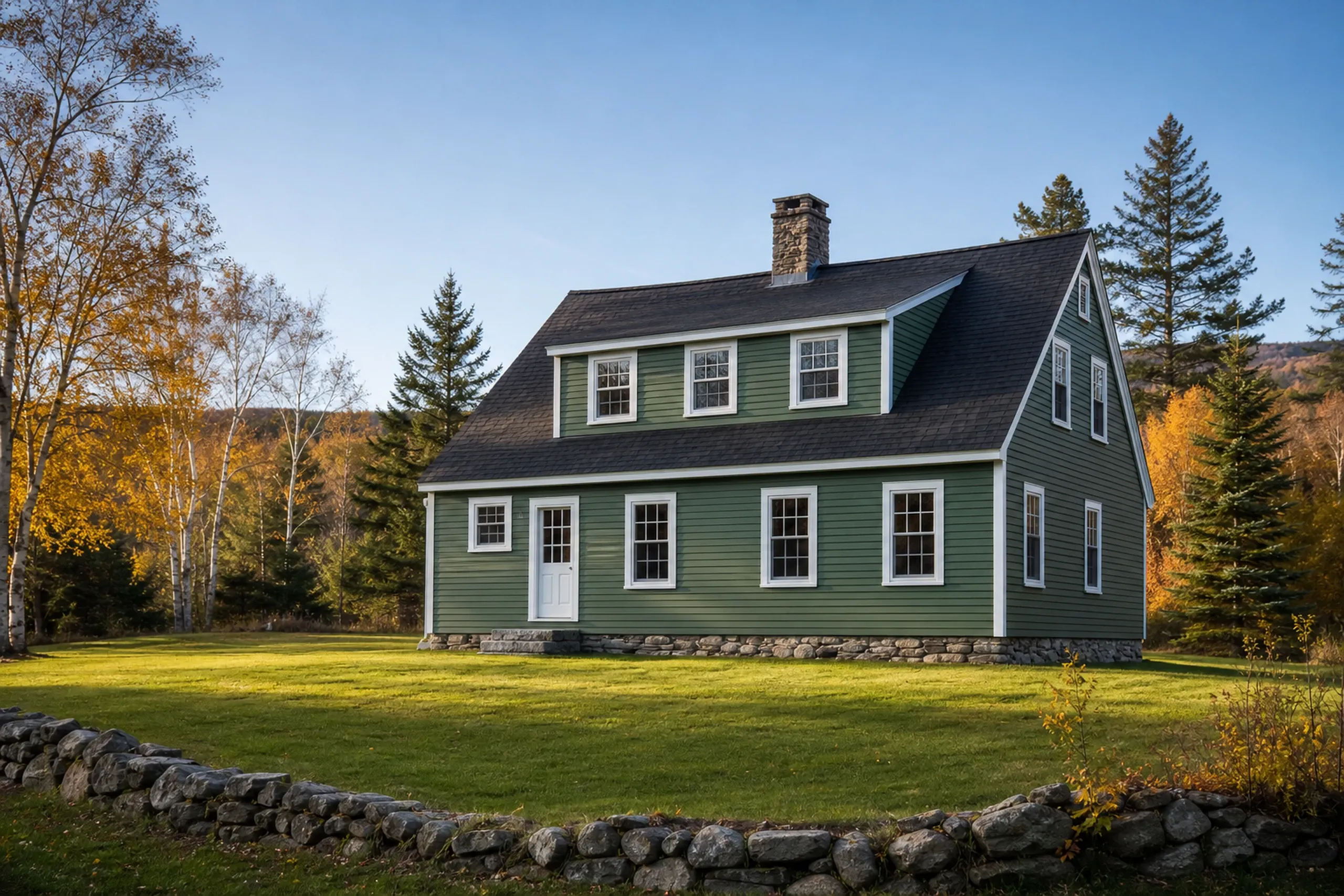 Green Colonial Home in Clifton, Maine: Two-story colonial house with green horizontal siding, white trim, black roof, stone foundation, and dormer, surrounded by lawn, evergreen and birch trees.