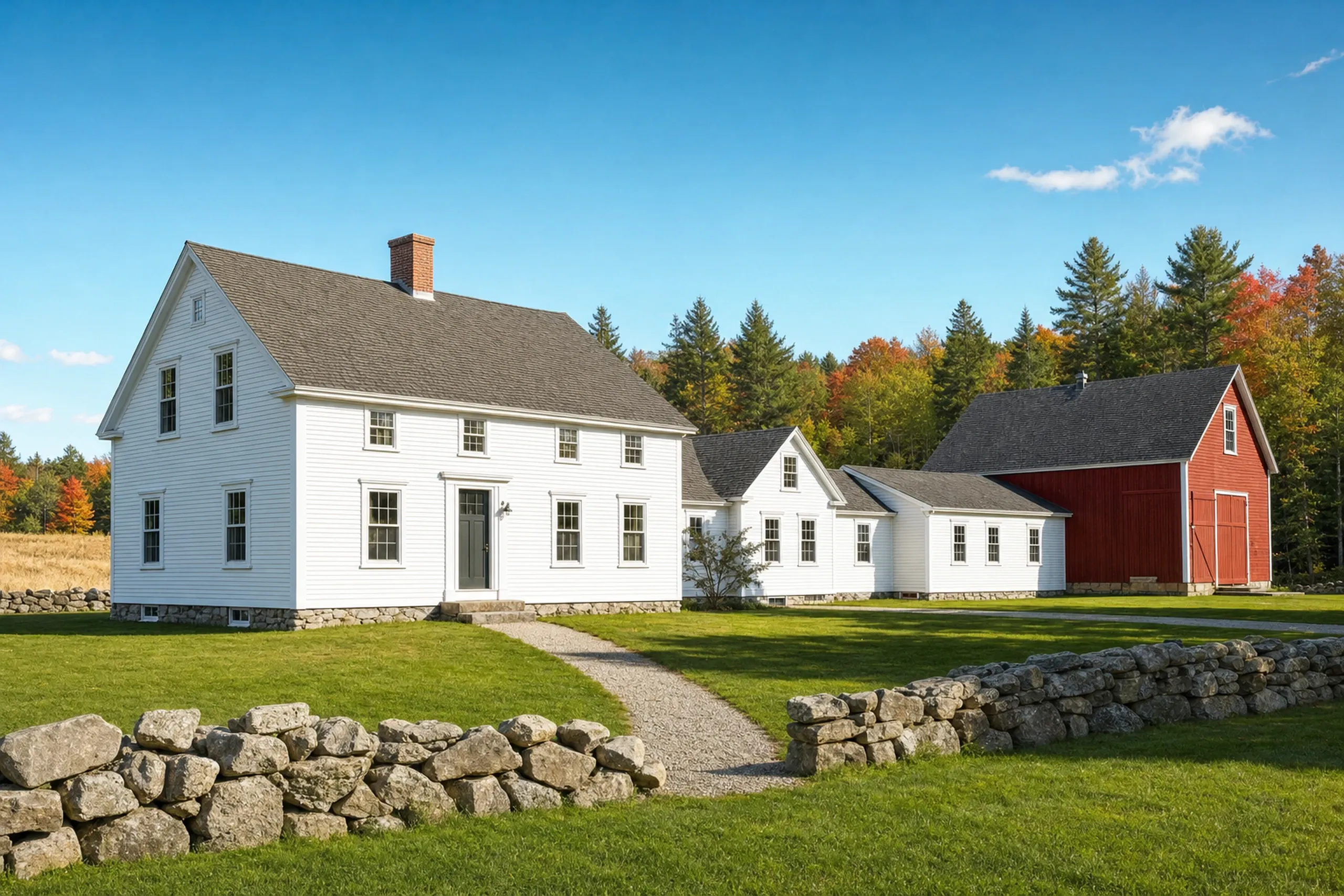 General contractor in Clifton, ME: White farmhouse with gray roof, red barn, stone walls, gravel driveway, green lawn, autumn trees.
