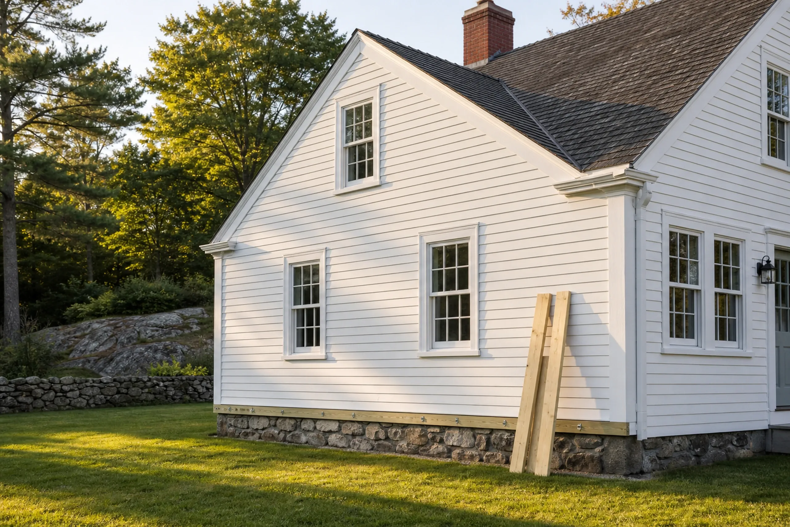 White cottage exterior renovation in Clifton, ME: White-sided house with stone foundation, dark roof, white-trimmed windows, and lumber leaning against wall.
