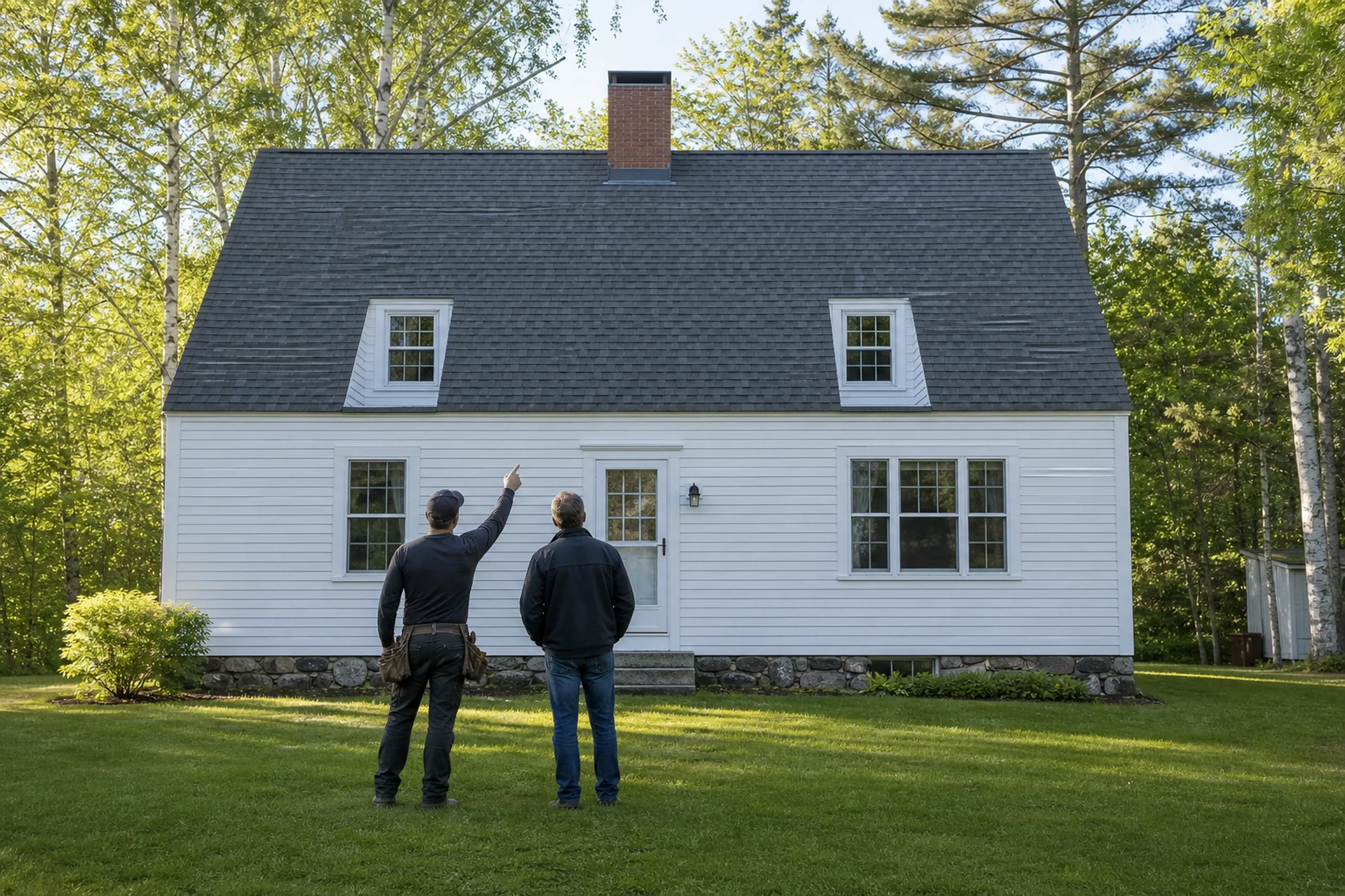 White Colonial Home in Clifton, Maine: Two men in dark clothing stand on a lawn facing a white-sided colonial house with a dark gray roof, brick chimney, and white-trimmed windows, surrounded by trees.