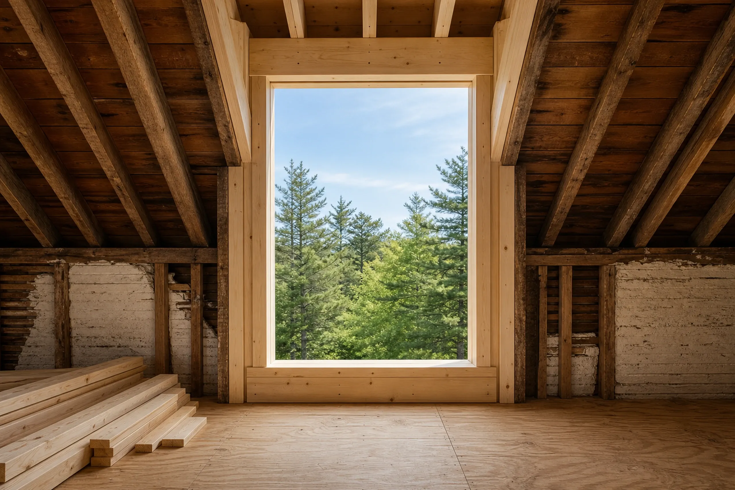 Log cabin interior in Clifton, ME: Unfinished wooden room with exposed beam ceiling, large window framing forest view, white-painted trim, and stacked lumber on floor.
