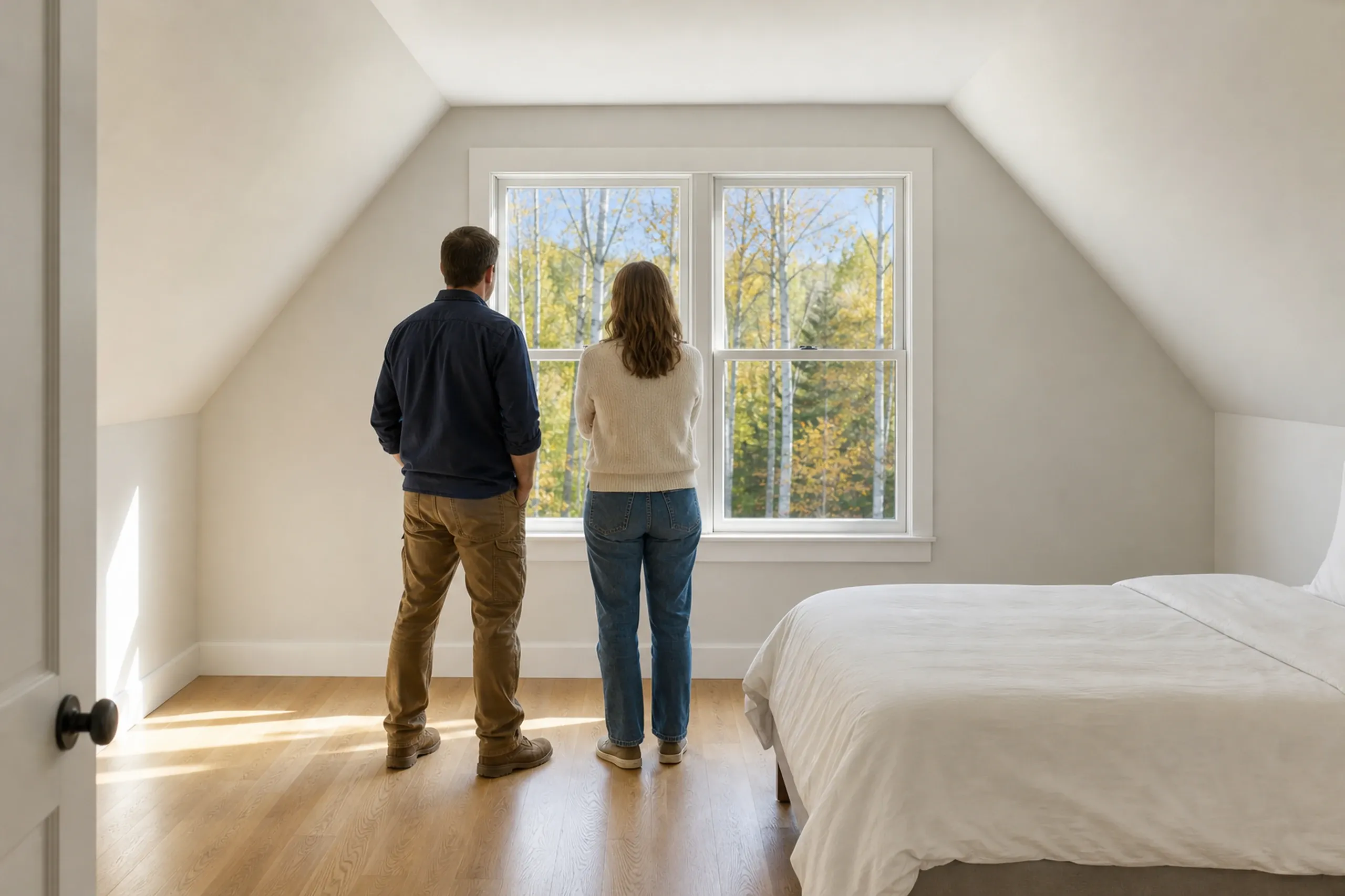 Attic bedroom in Clifton, ME: Two people stand at large window in bright attic room with white walls and wood floor, looking out at forest.