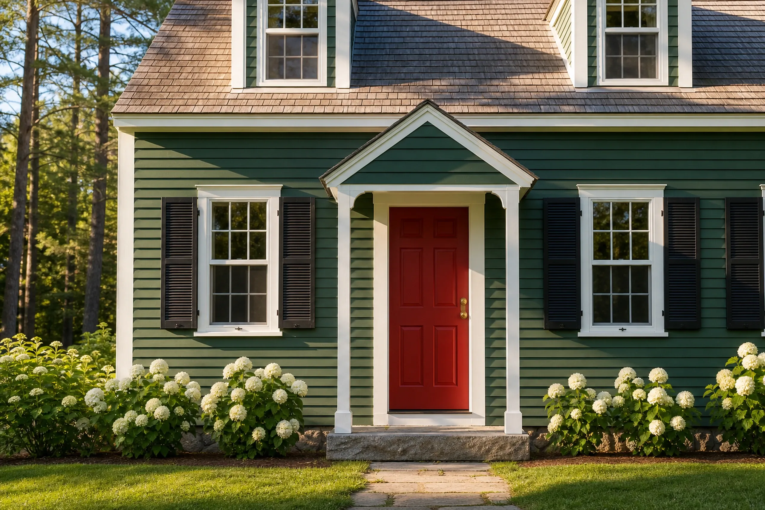 Green Colonial Home in Clifton, Maine: Green horizontal siding house with white trim, red front door, black shutters, and cedar shake roof with dormers. White hydrangeas flank the entrance. Grass and trees visible.