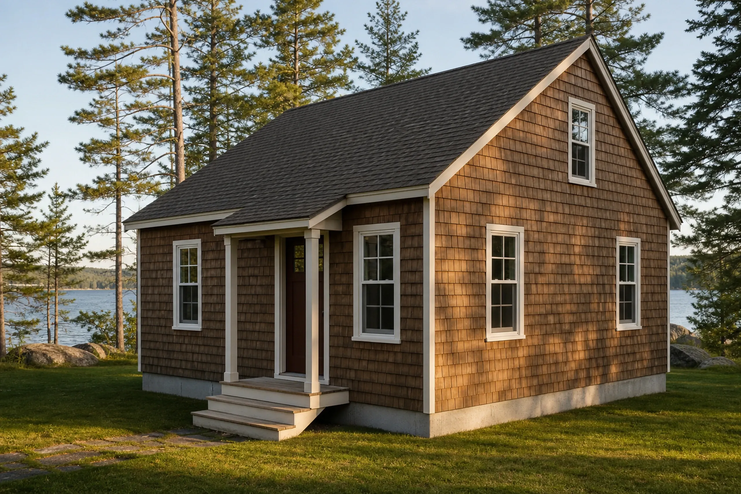 Small cottage in Dedham, ME: Single-story brown cedar shake cottage with white trim and black roof beside pine trees and water, green lawn in foreground.