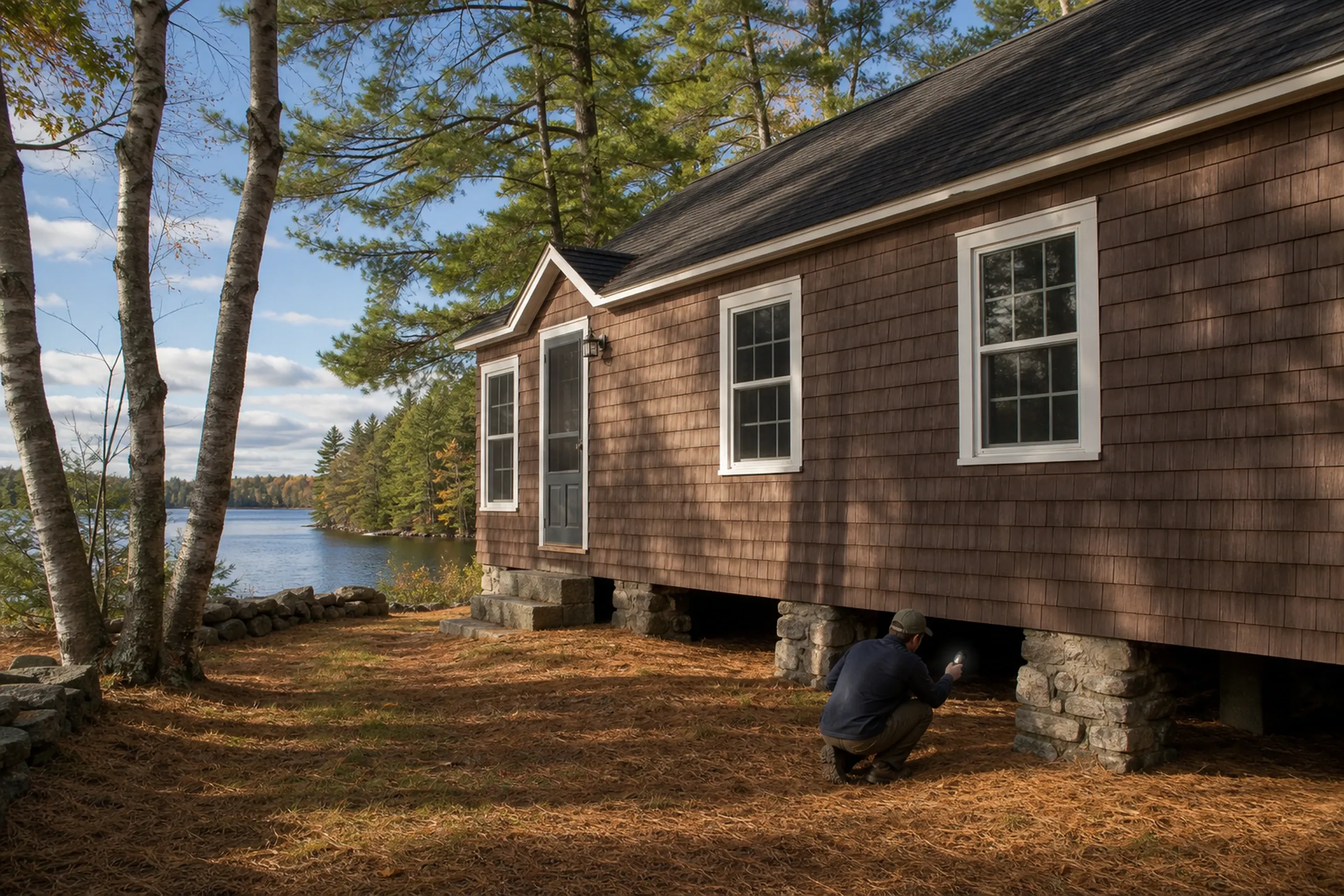 Lakeside cottage in Dedham, ME: Brown cedar shake sided cottage with white trim windows and dark roof situated on wooded lakefront property with person crouching under building foundation.